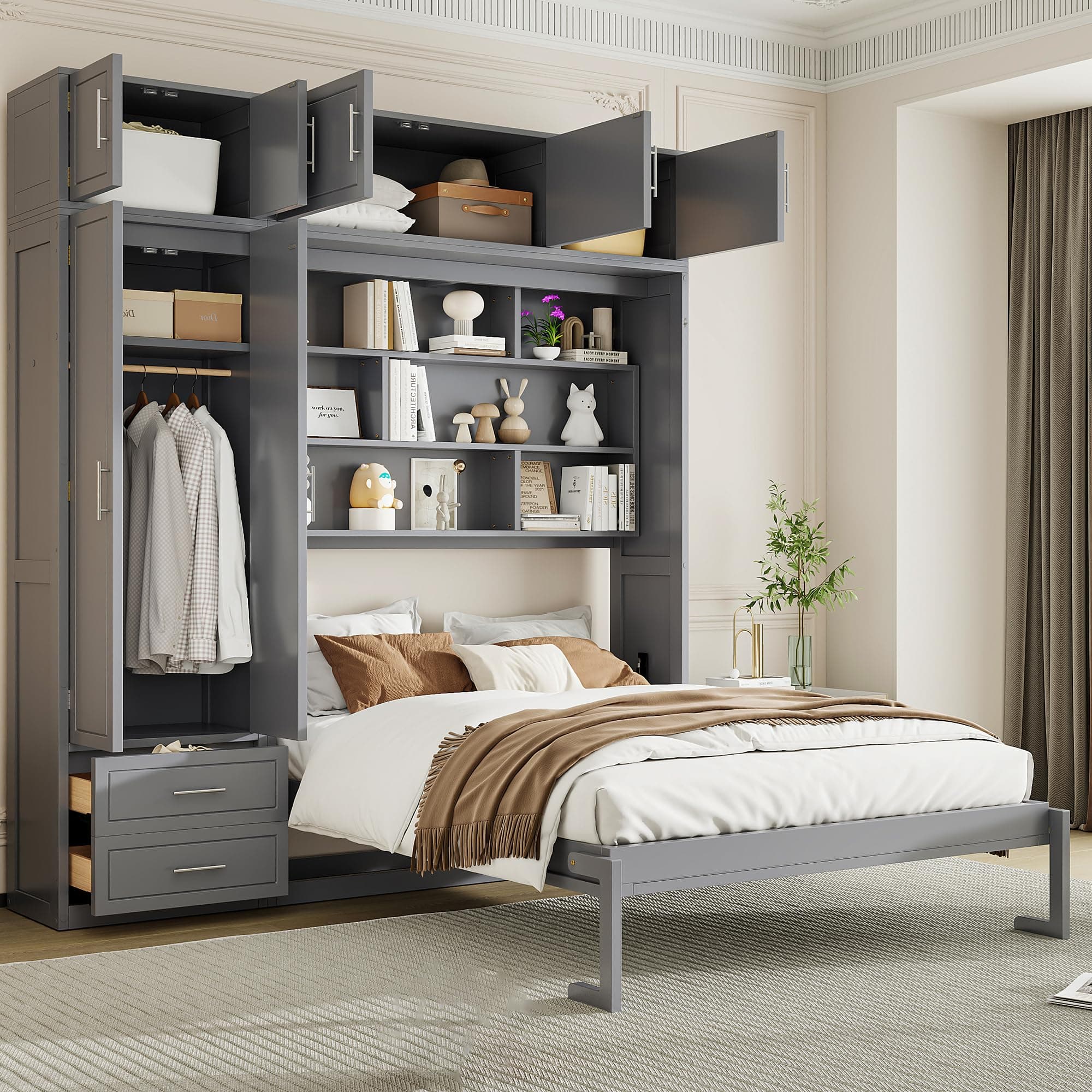 DERCASS Murphy Bed with Top Cabinet,Shelves and Wardrobe, Space Saving Foldable Wall Bed for Home Bedroom (Grey, Queen)