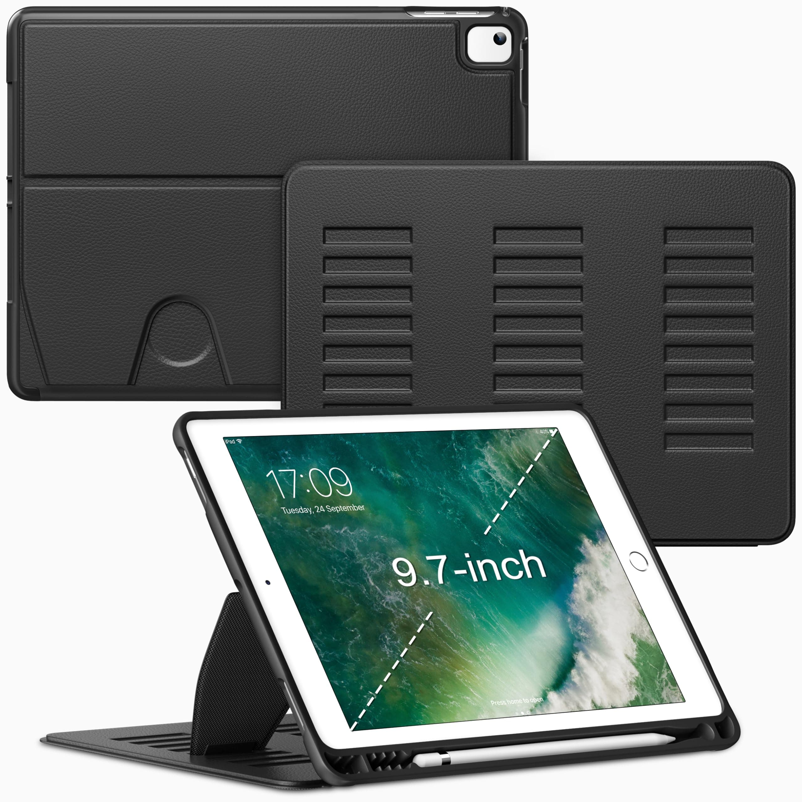 VIKESI Case for iPad 6th / 5th Generation (2018/2017 Released) 9.7-inch and for iPad Air 2/1,Multiple Angles Magnetic Stand Cover,Shockproof Soft Back,Pencil Holder,and Auto Sleep/Wake,Black
