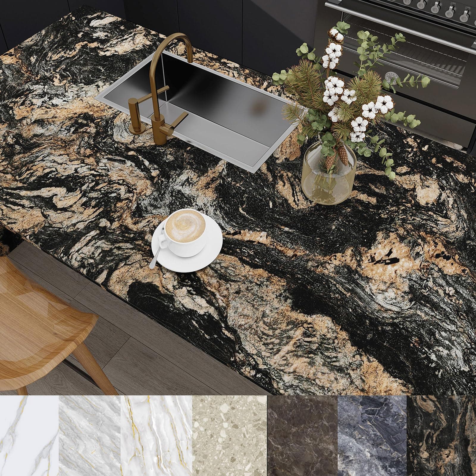 PHINILUX Marble Contact Paper for Countertops Cover - 24"x197" Matte Black Gold Peel and Stick Wallpaper - Removable Self Adhesive Thick Granite Vinyl Film Roll