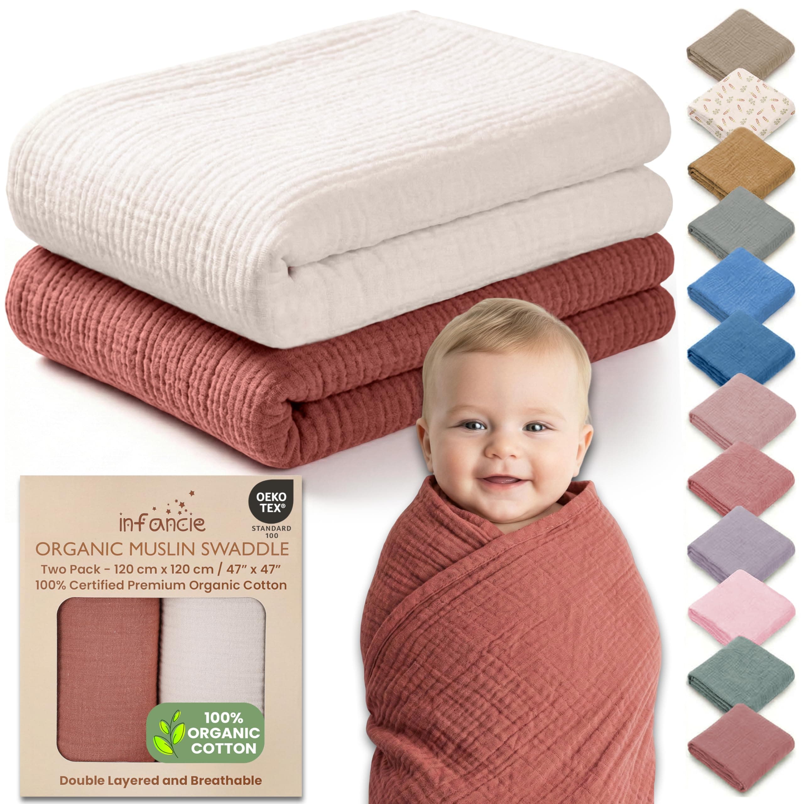 infancie 100% Organic Cotton Muslin Baby Blanket - 47 x 47 Inch Breathable Swaddle Blankets, Hypoallergenic Double-Layer, Soft and Cozy Newborn Baby Blanket for Sleeping and Everyday Use (Rust/Ivory)