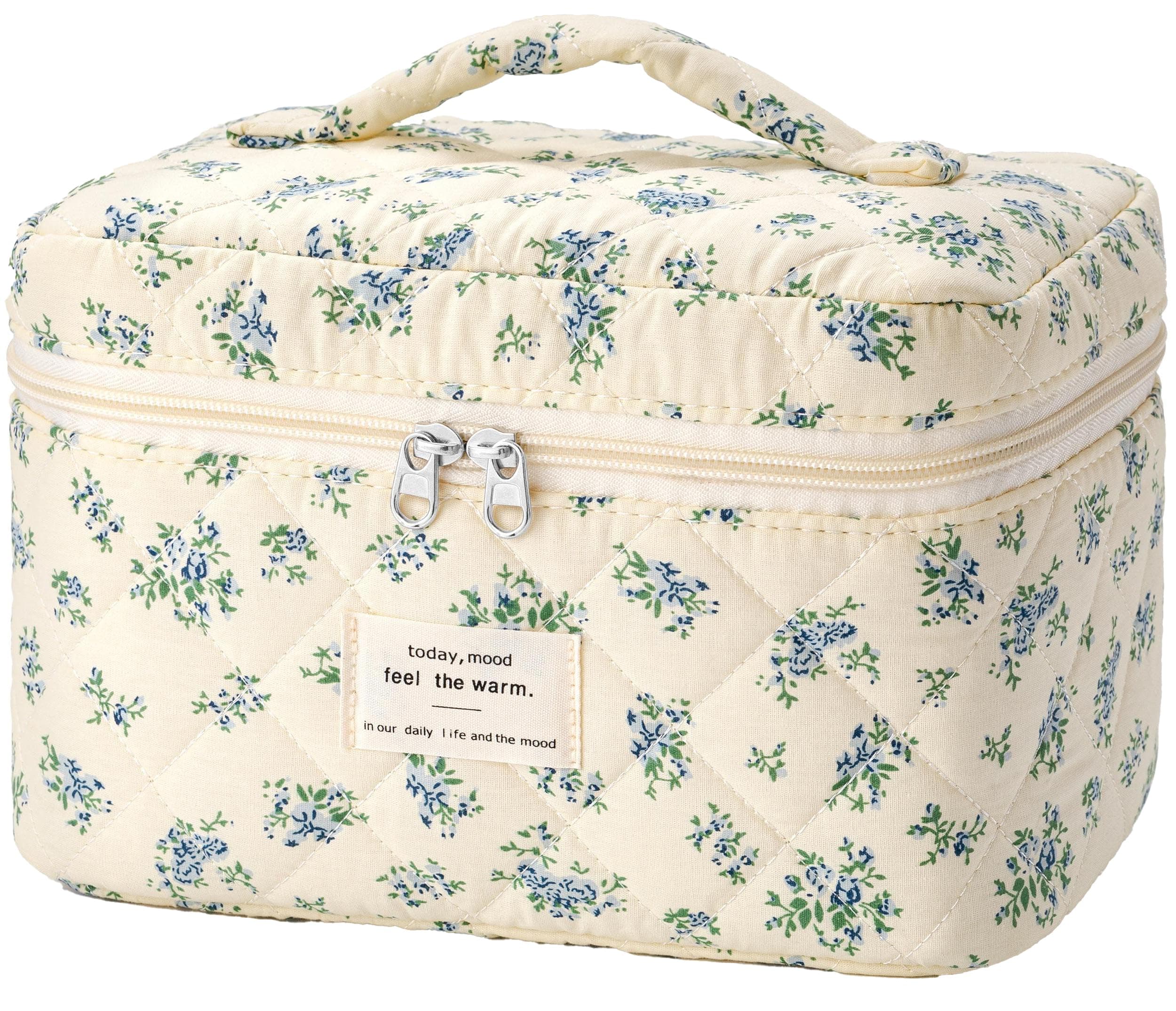 HBselect Quilted Makeup Bag Cotton Floral Travel Makeup Bags Organizer