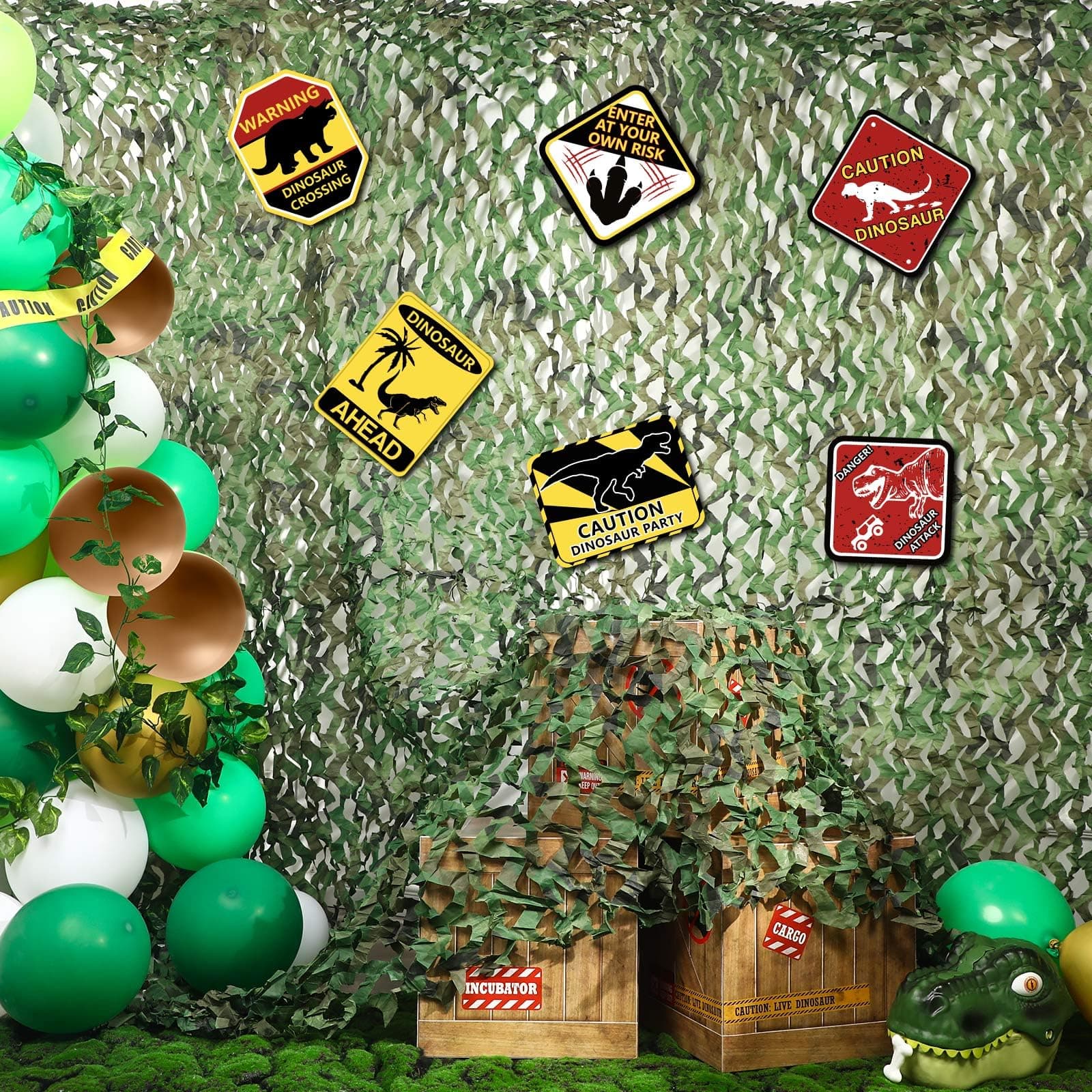Bucherry Dinosaur Party Decorations Set 10x13ft Dino Netting 6 Paper Sign Jungle Dino Theme Birthday Party Supplies for Birthday Indoor Outdoor Decor Halloween Dinosaur Trunk or Treat Car Decorations