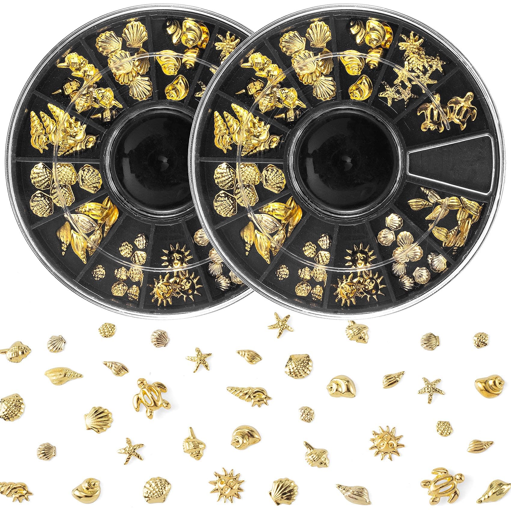 Pndeyo Ocean Nail Charms Nail Art Stickers 2 Disc, Beach Starfish Sea Seashell Nail Charms Decals, Gold Metal 3D Nail Gems Decals for Manicure DIY Nail Embellishments 12 Style