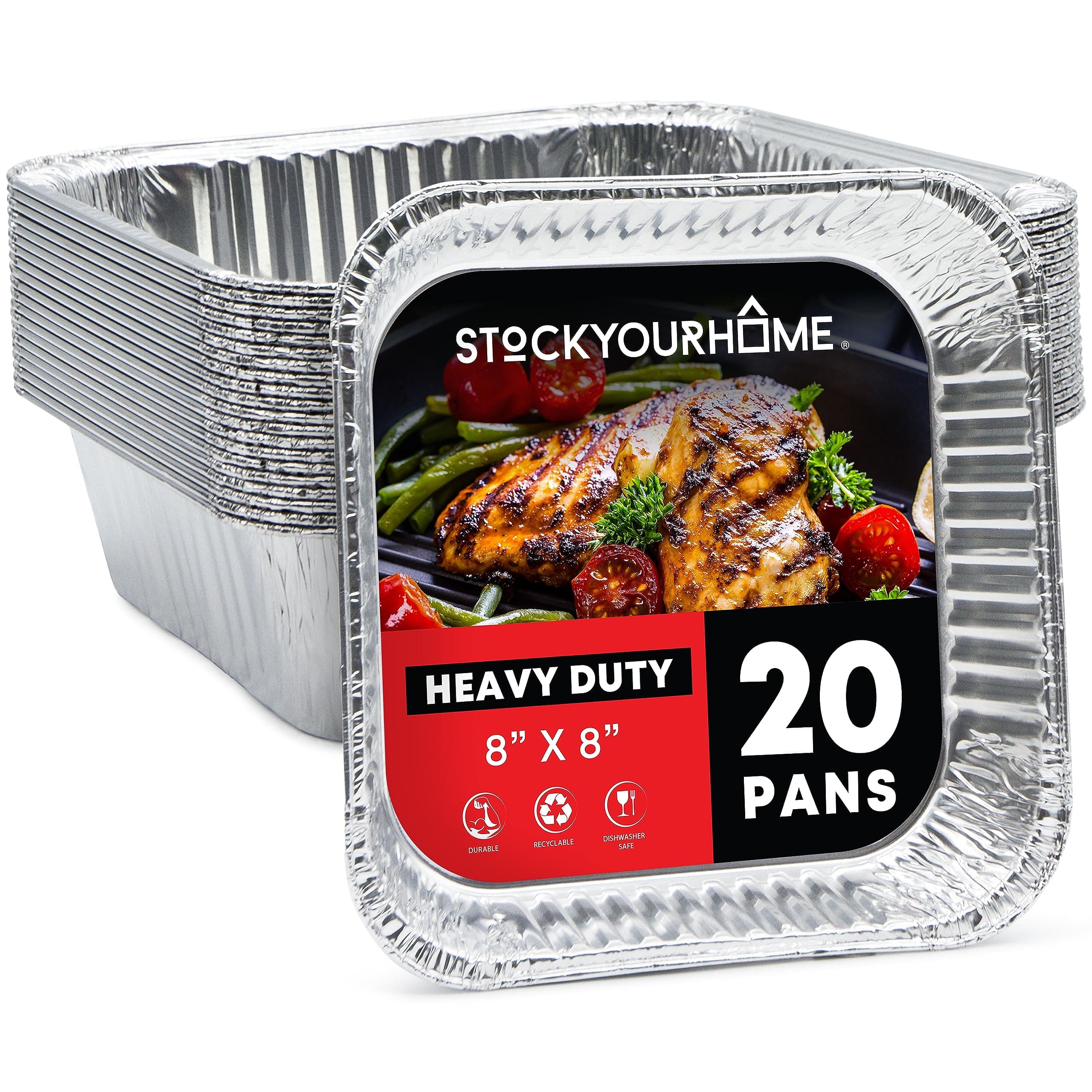 Stock Your Home 8x8 Foil Pans (20 Pack) 8 Inch Square Aluminum Pans - Foil Pans - Disposable Food Containers Great for Baking Cake, Cooking, Heating, Storing, Prepping Food
