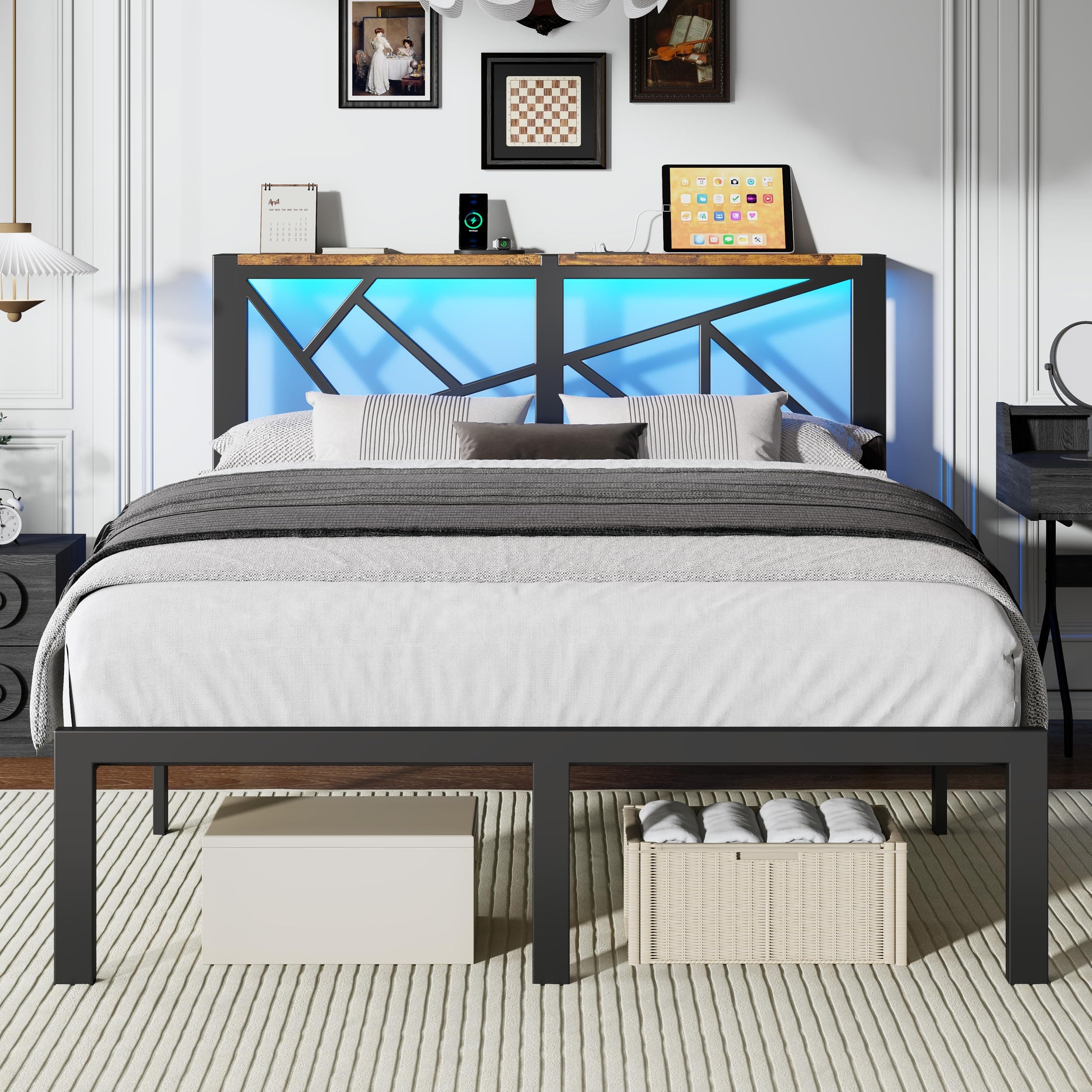 ChicZhiNest Full Size Bed Frame with USB Charging Station and LED Lights, Black