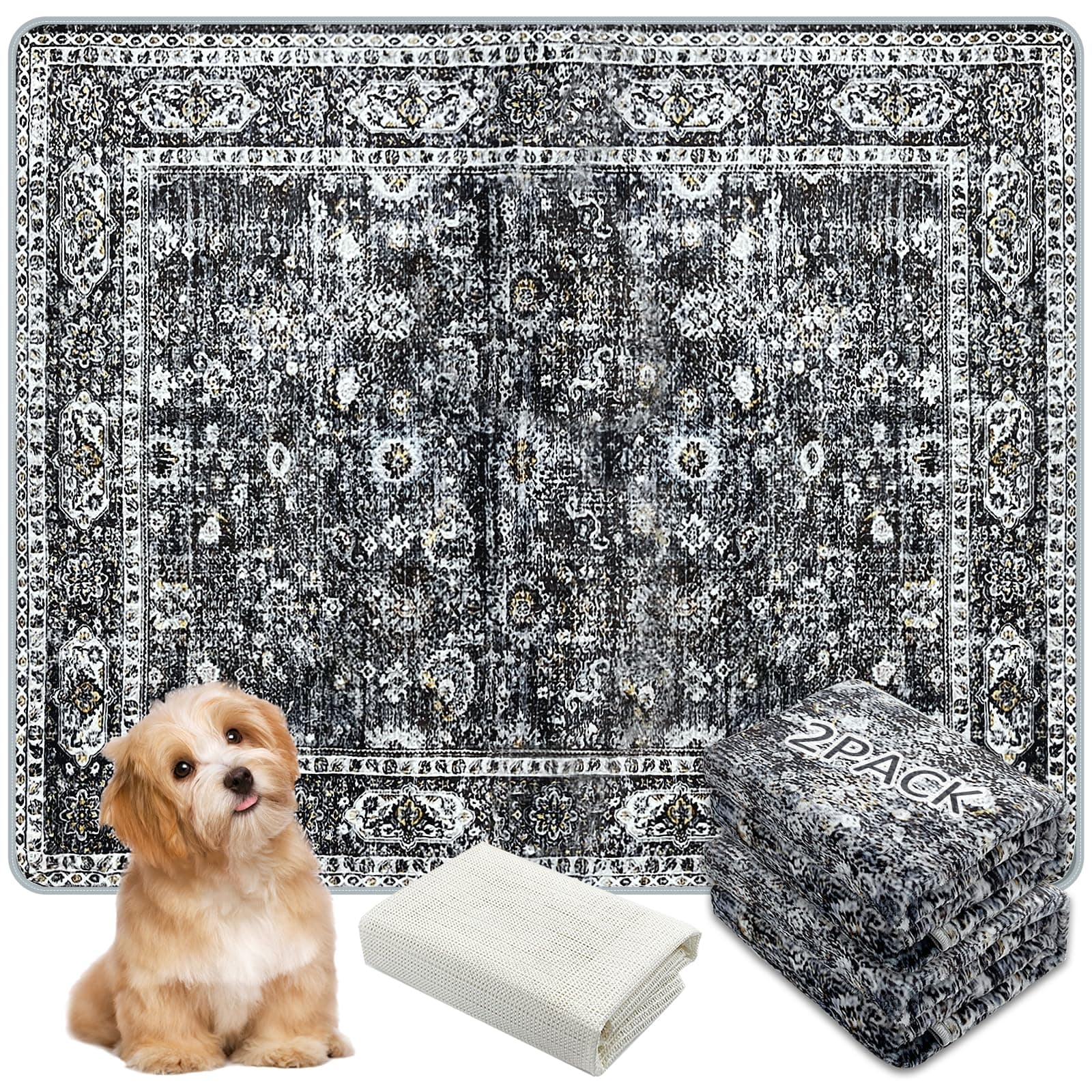 AIHSUMC Washable Pee Pads for Dogs, (2 Pack, 36"x42") Upgrade Reusable Puppy Pads with Non-Slip Rug Pad, Super Thickening Absorbent Leakproof Dog Traning Pads Whelping Pad for Dogs, Doggie(Black)