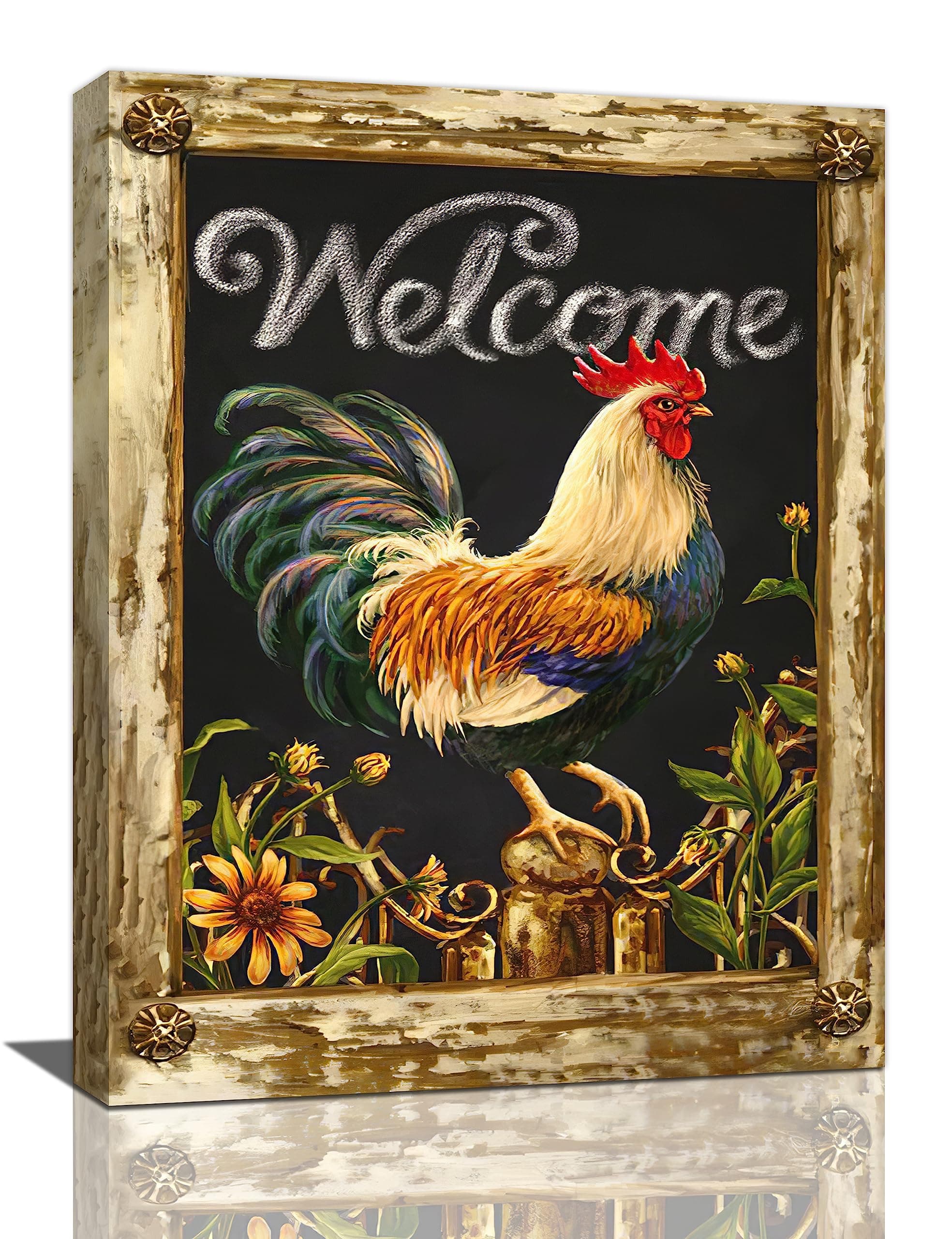 yerretin Farmhouse Rooster Wall Art Rustic Farm Chicken Pictures Wall Decor Country Canvas Painting Modern Artwork Home for Kitchen Bathroom Living Room Bedroom Office Framed 12"x16"