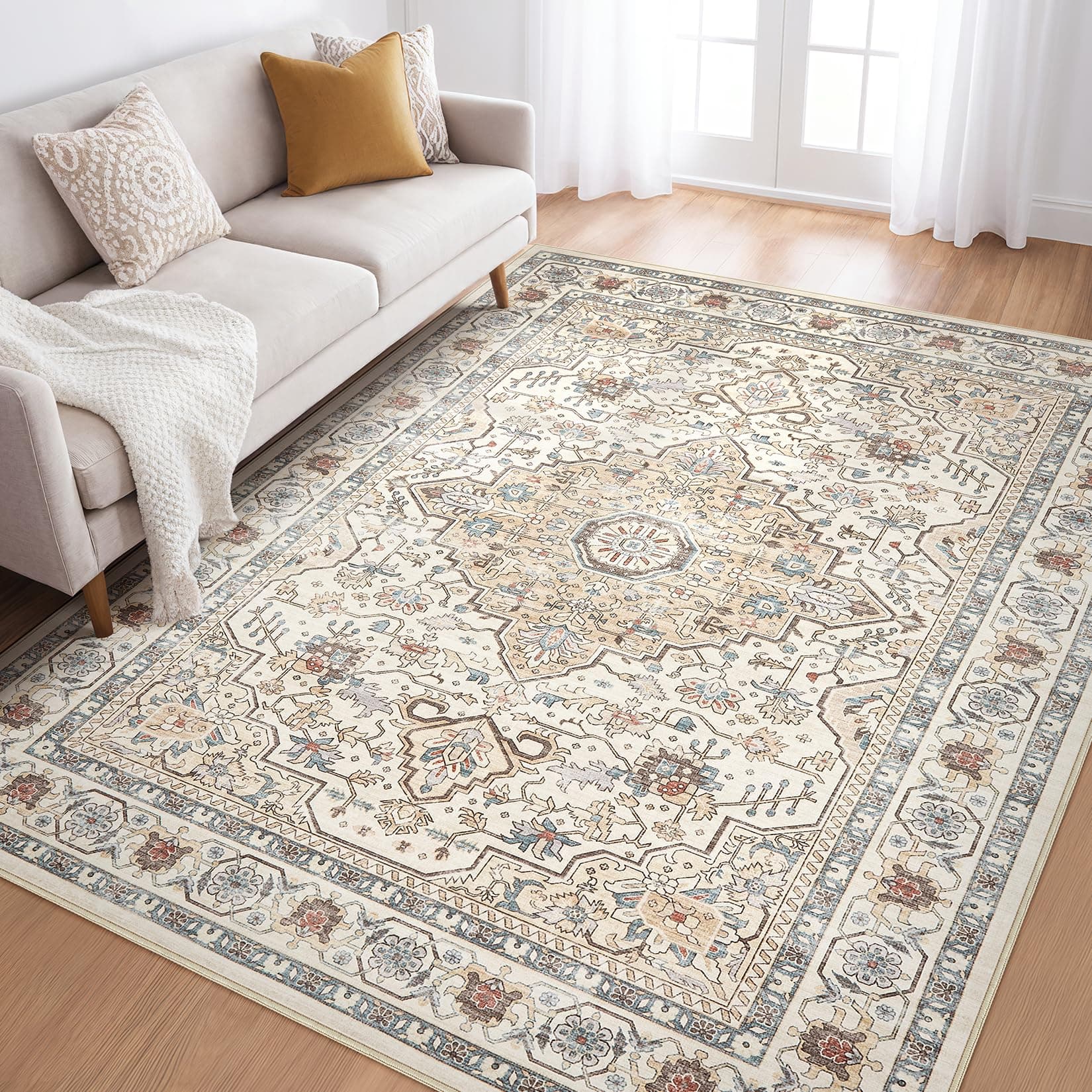 6x8 Area Rug Living Room: Washable Boho Large Neutral Vintage Soft Rugs Stain Resistant Farmhouse Non Slip Indoor Floor Carpet for Bedroom Nursery Kids Playroom Office Dining Room- Cream Blue