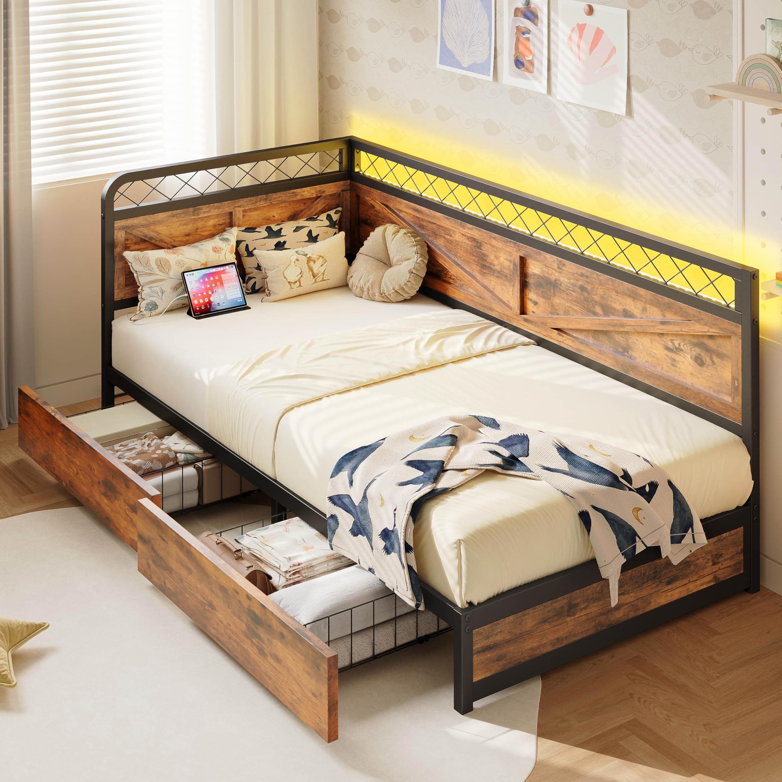 ANCTOR Corner Bed Frame Twin XL DayBed with Storage Drawers, Brown