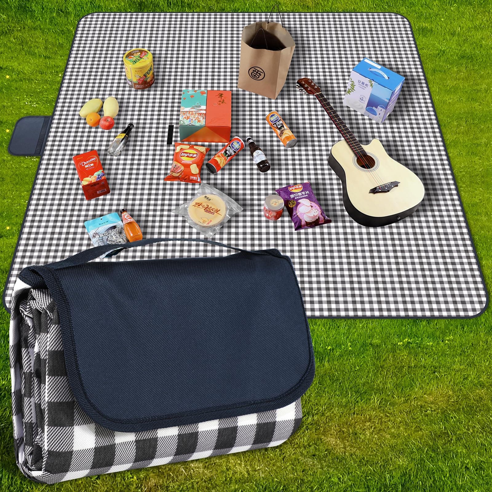 GUSUWU Picnic Blanket Waterproof Beach Blanket 80''x80'' Picnic Mat Washable Lightweight with Handle Navy Blue Checkered for Hiking Travelling Outdoor Camping,Parks