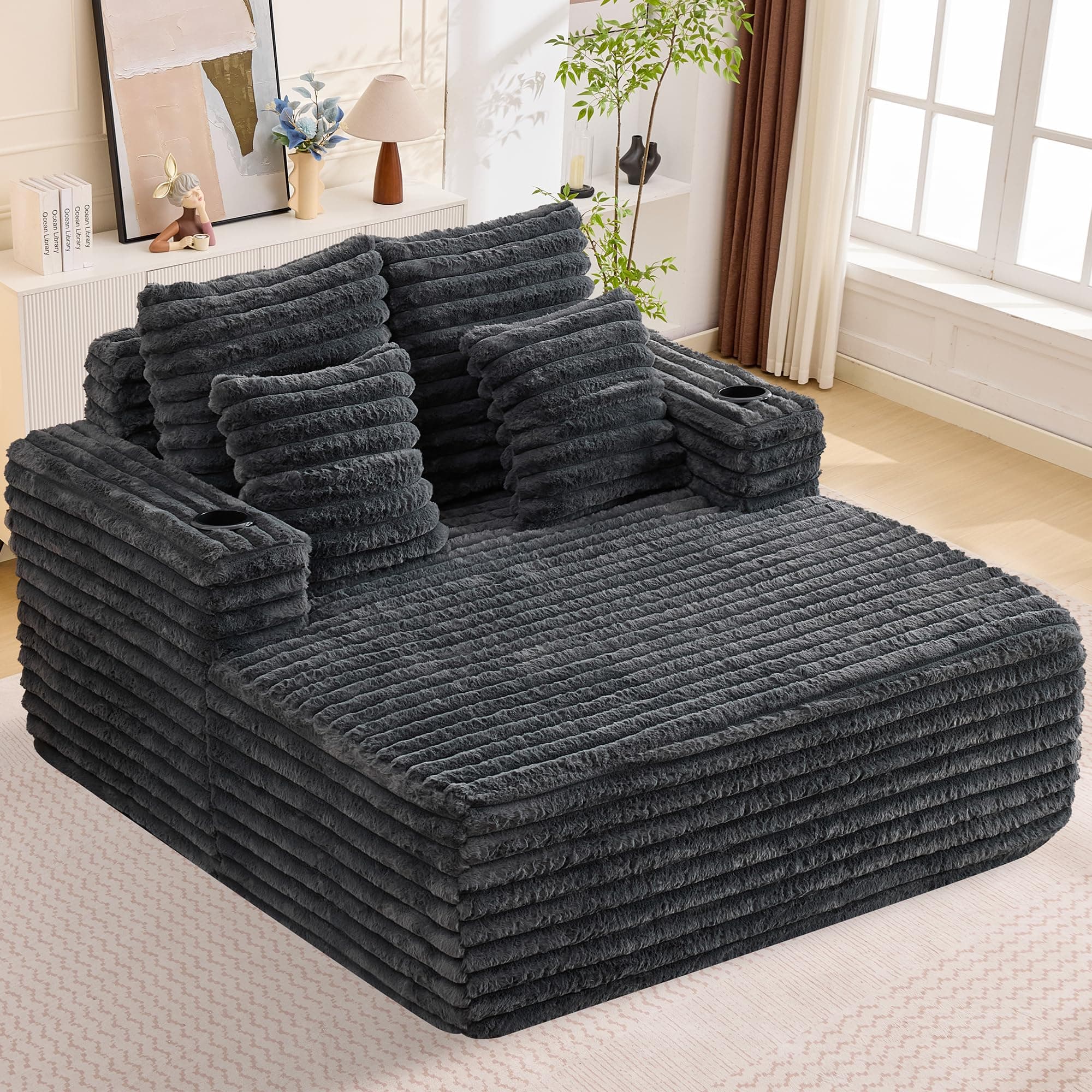 57.5” Oversized Chaise Lounge Chair, Cup Holders,Boneless Sofa Couch (Grey)