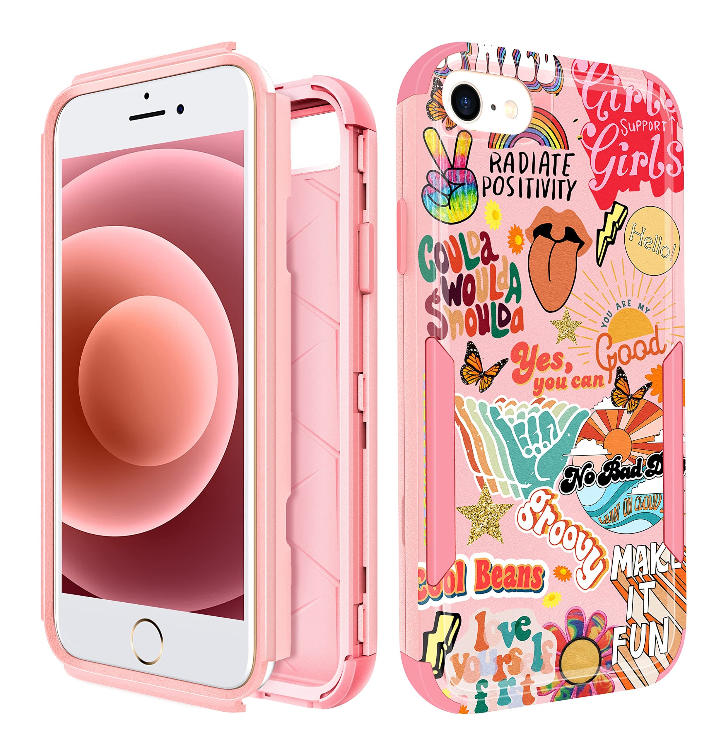 Plakill for iPhone 7/8/SE Protective Case 3 in 1 Designer Collage Cartoon Drop Tested Cute Cases for Women Girls Shockproof Protection Rugged Heavy Duty Phone Cover for iPhone 7/8/SE