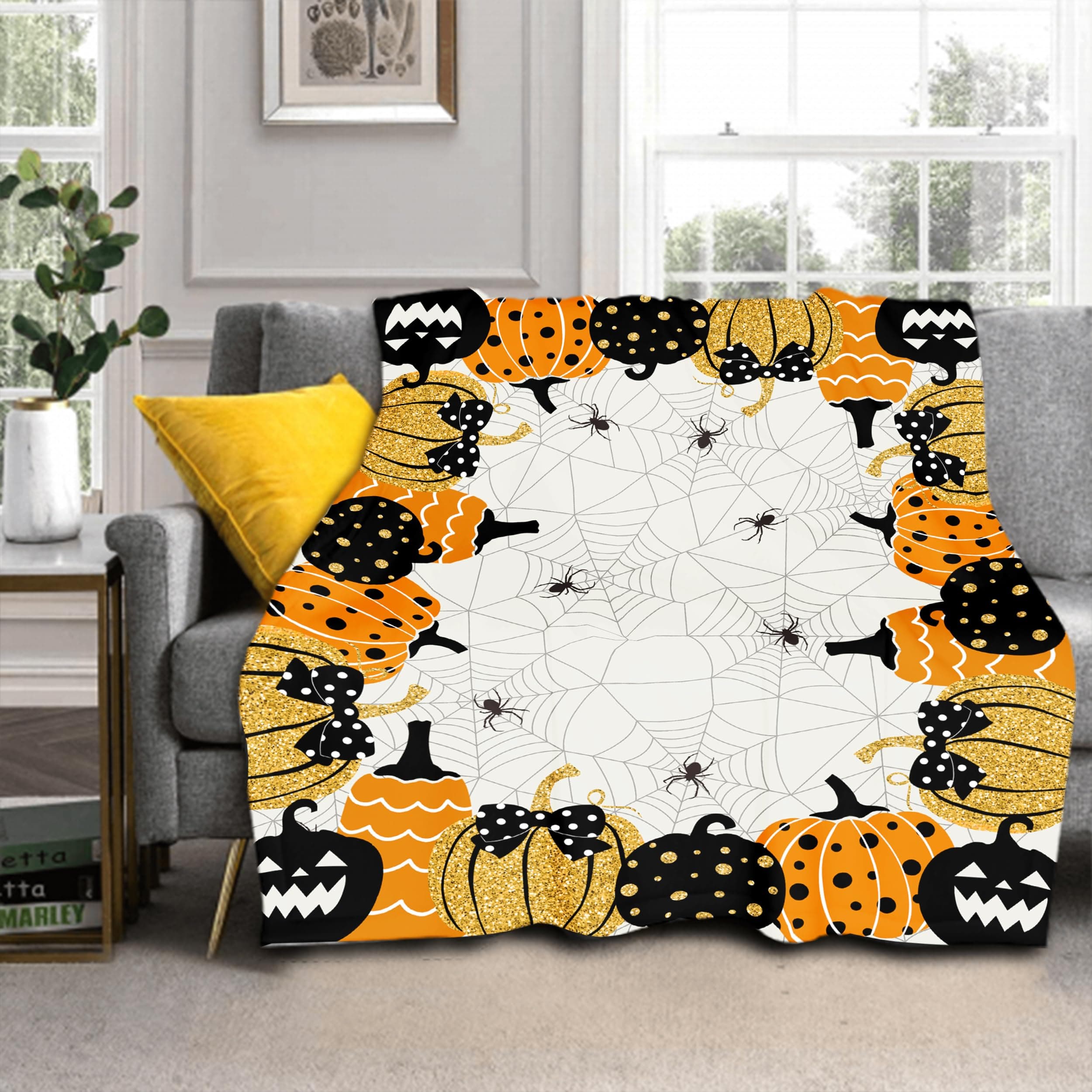 Halloween Blanket Soft Flannel Lightweight Orange Black Fall Pumpkins Throw Blanket Cozy Warm Thanksgiving Farmhouse Home Party Decor On Living Room Sofa Couch Bed 50x60 inch