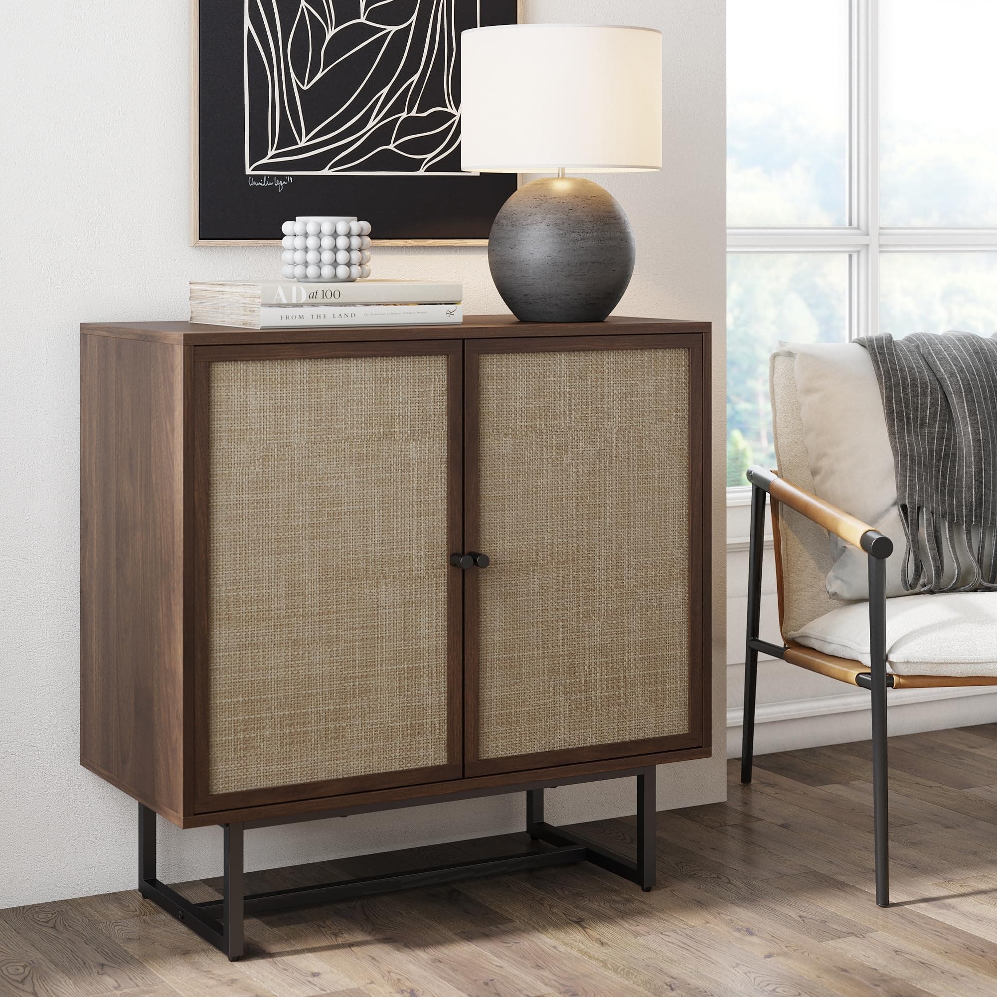 Nathan James Kova Bohemian Rattan Sideboard or Storage Cabinet, Wooden With Doors, Walnut Buffet or Accent Cabinet With Matte Black Legs
