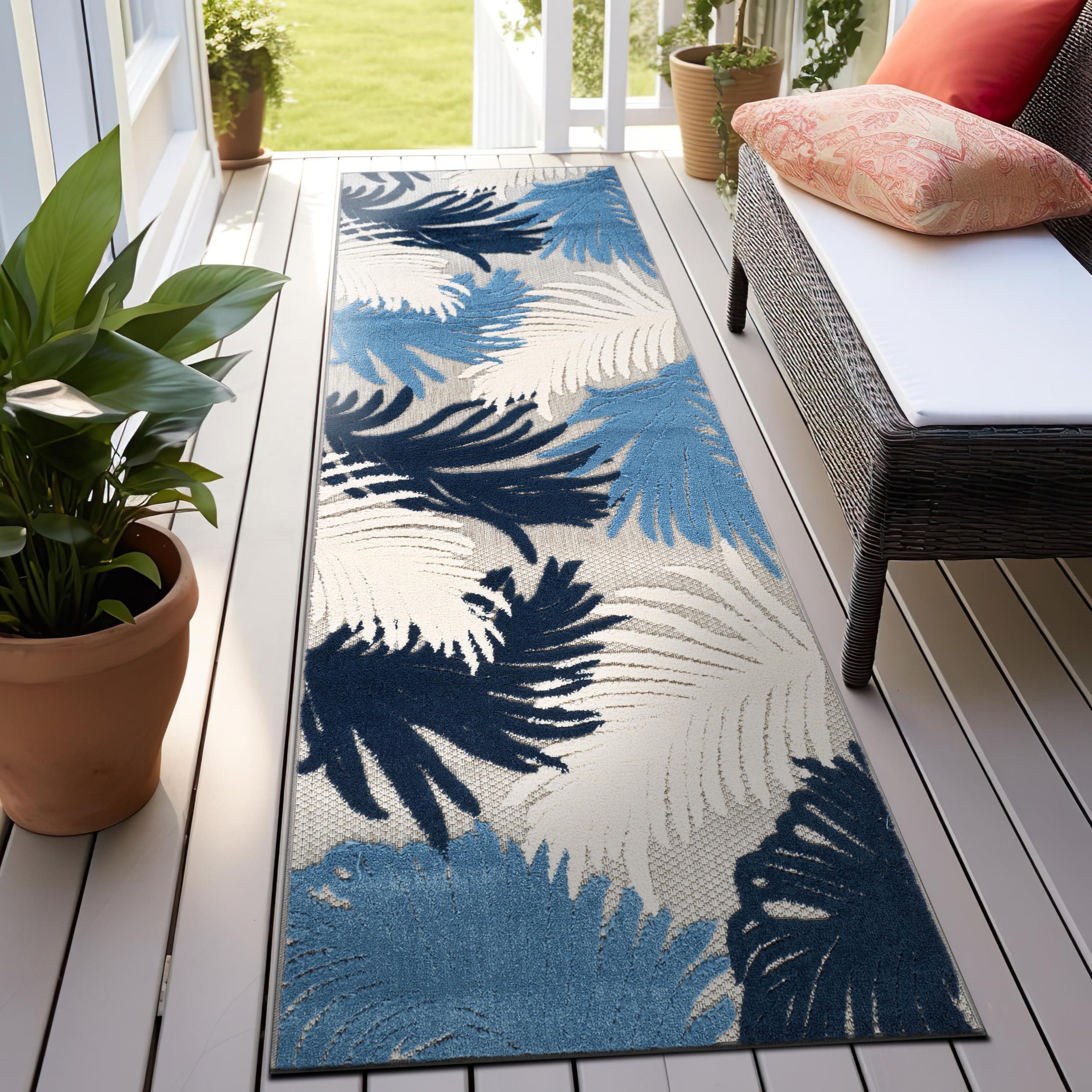 Rugshop Lucca Indoor/Outdoor Contemporary Floral Area Rug Navy 2'7" x 12'