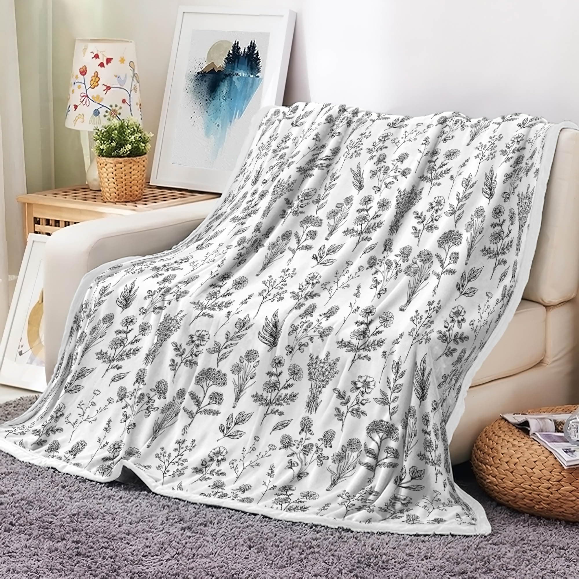 Floral Fuzzy Blanket Black Floral Throw Blanket, Botanical Flowers Blankets, Soft, Flannel, Warm, Boho Flowers Bed Blankets All Season for Couch Bedroom Living Room 60X70 Inch