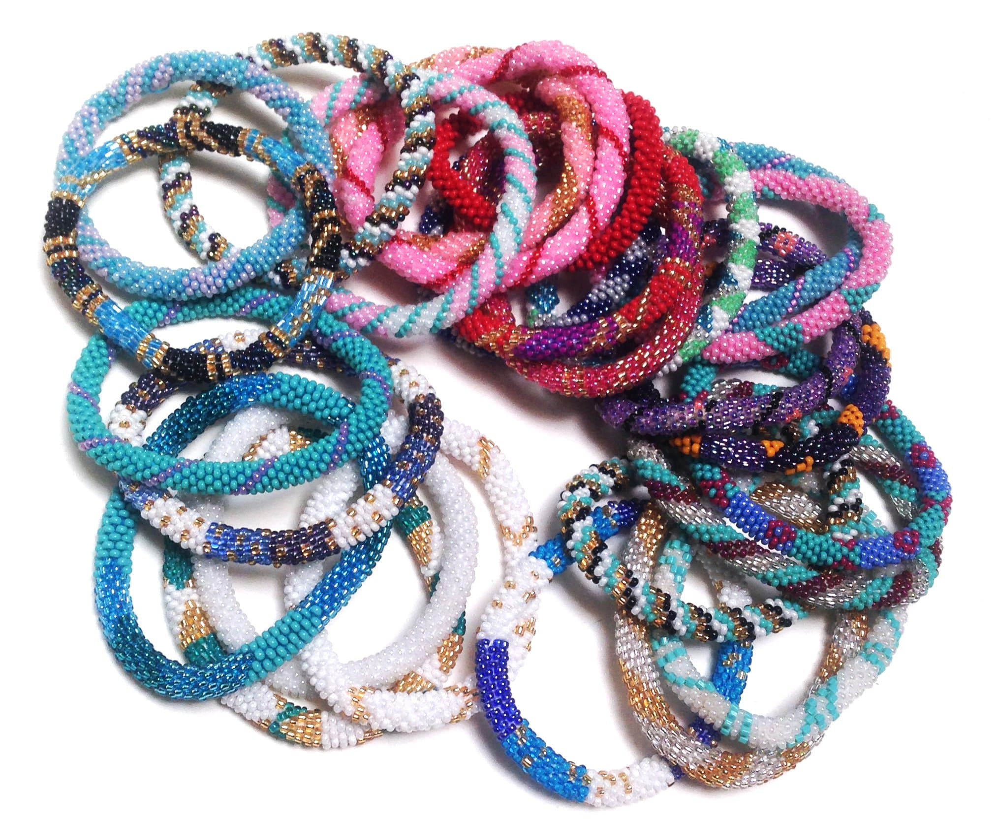 Assorted 12 Pcs. Roll on Nepal Bugle Bead Bracelet, Hand Made, Crochet by Unknown