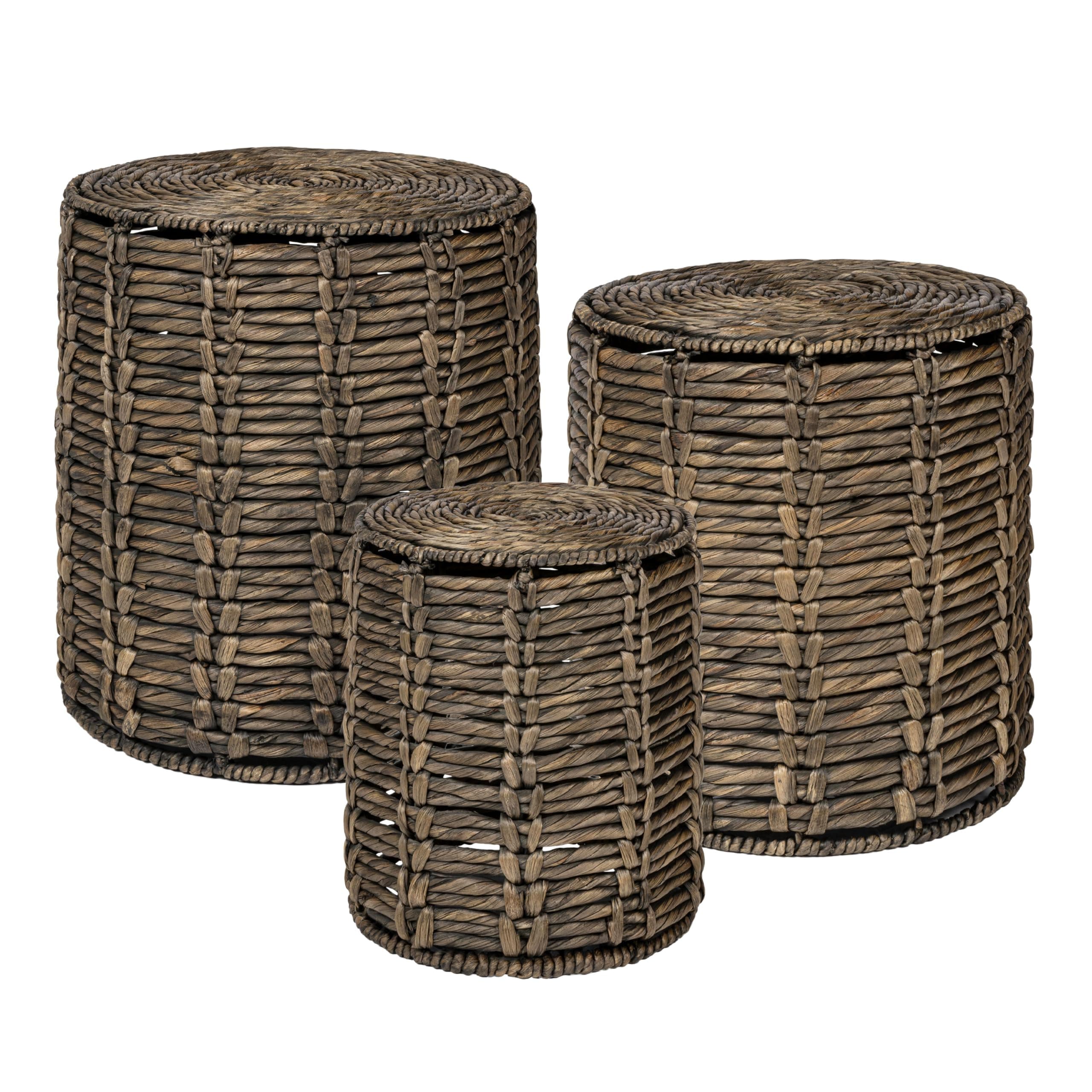 Jonathan Y Zaria 18" Coastal Bohemian Handwoven Water Hyacinth Nesting Round Accent Table, Brown (Set of 3) (TBL2503B-3SET)