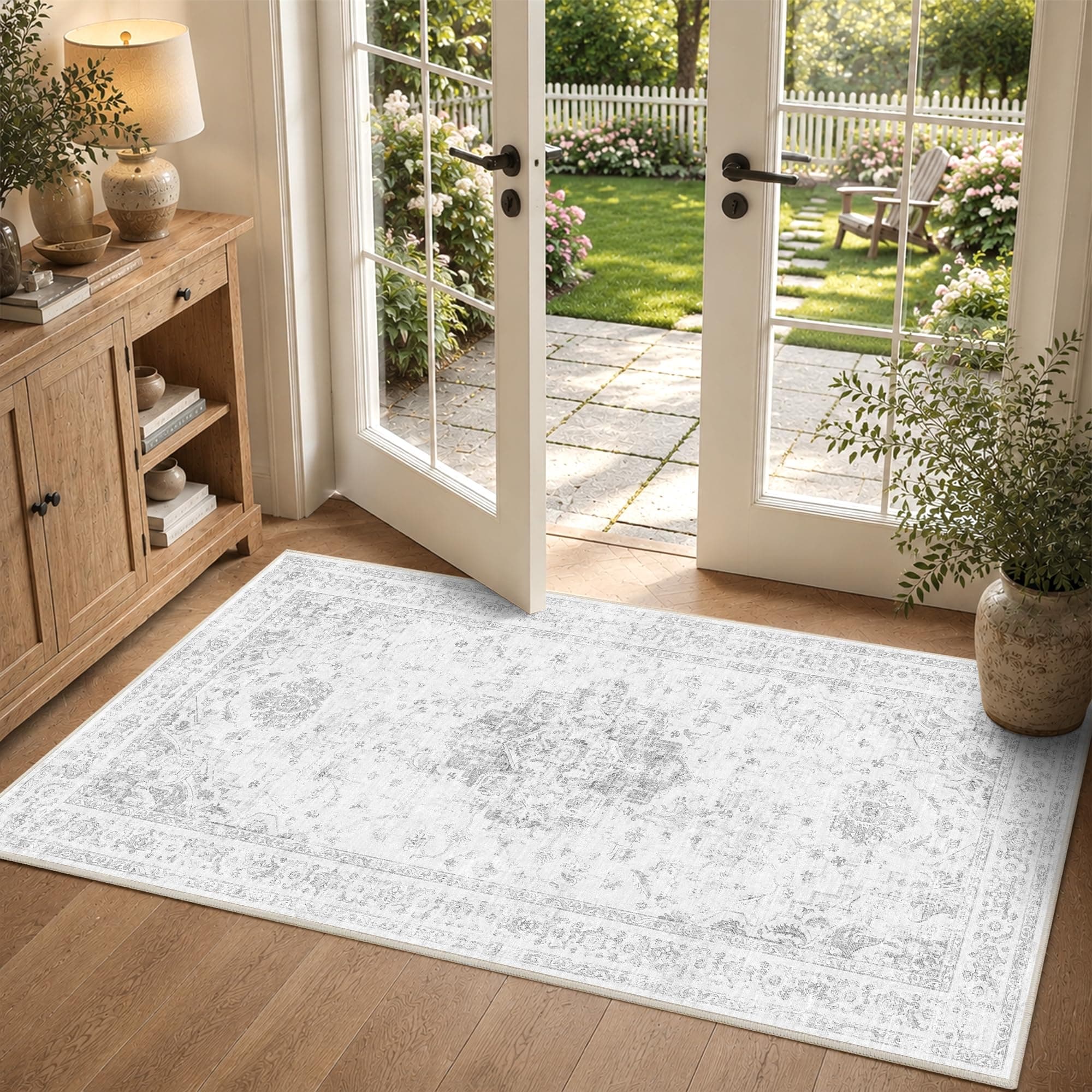 DUIDY 2x4 Washable Kitchen Area Rug Stain Resistant Medallion Gray Door Mat