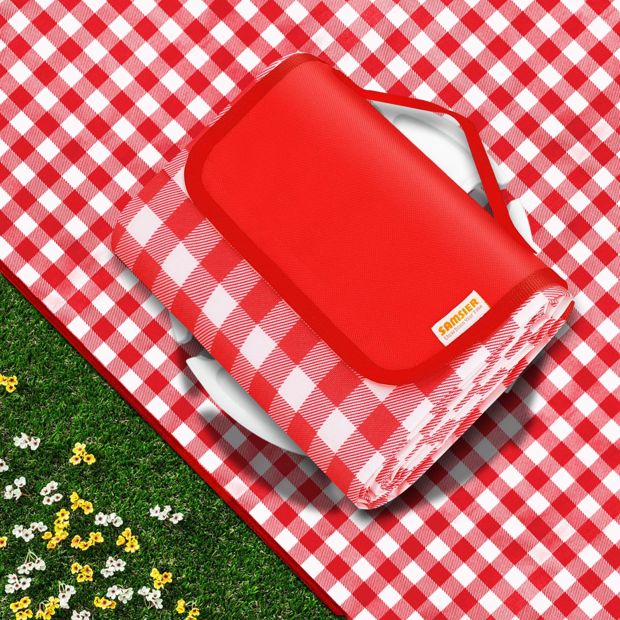 SAMSIER Extra Large Outdoor Picnic Blankets Waterproof Foldable, Beach Blanket Sandproof Portable, Cute Picnic Mat Washable (Red, 60"×80")