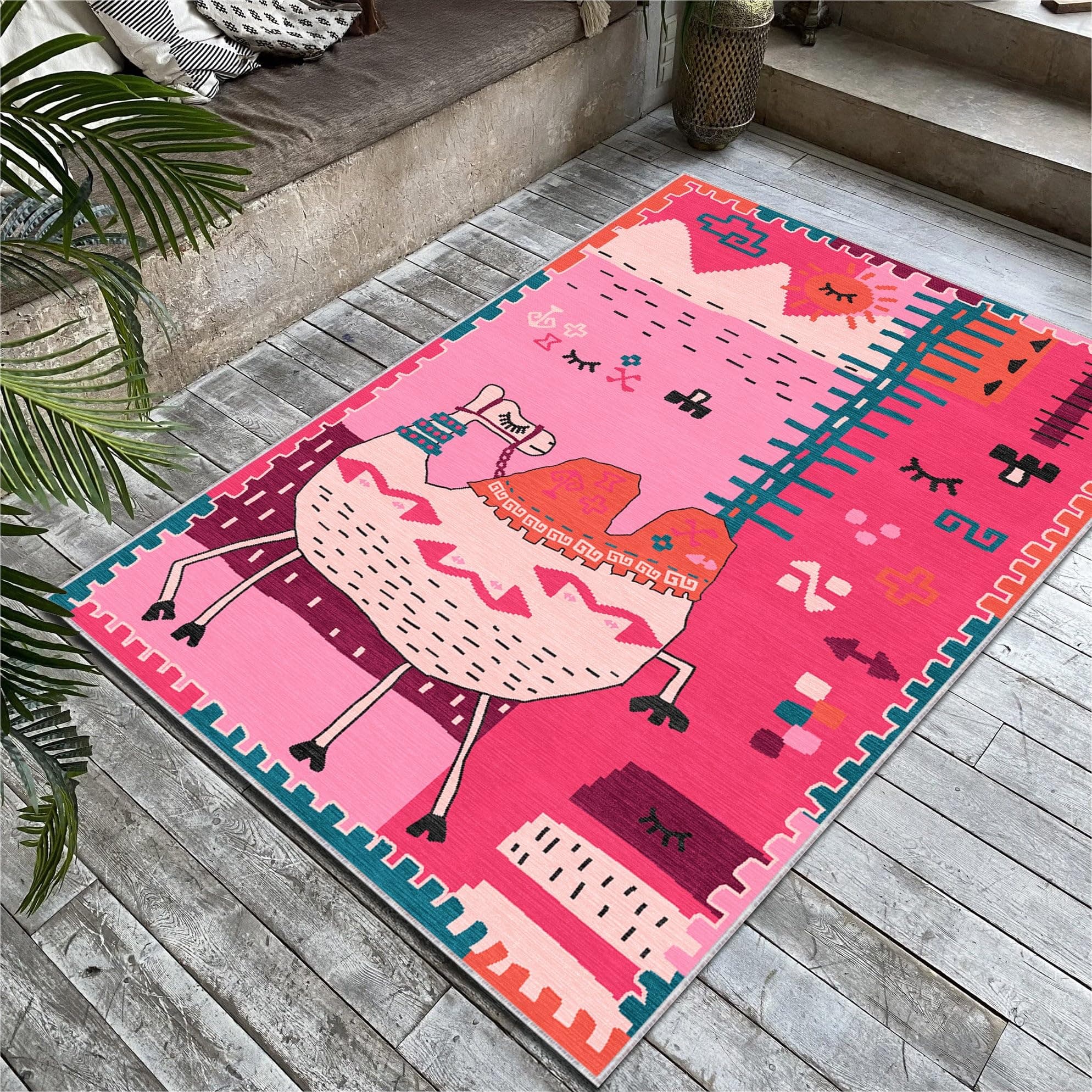 Rugendary Desert Camel Rug Pink Girls Room Carpet Flat Surface 2x3 Nonslip Soft Thick Machine Washable Safari Mat Cheerful Stylish Boho Style Nursery Traditional Ethnic Decor
