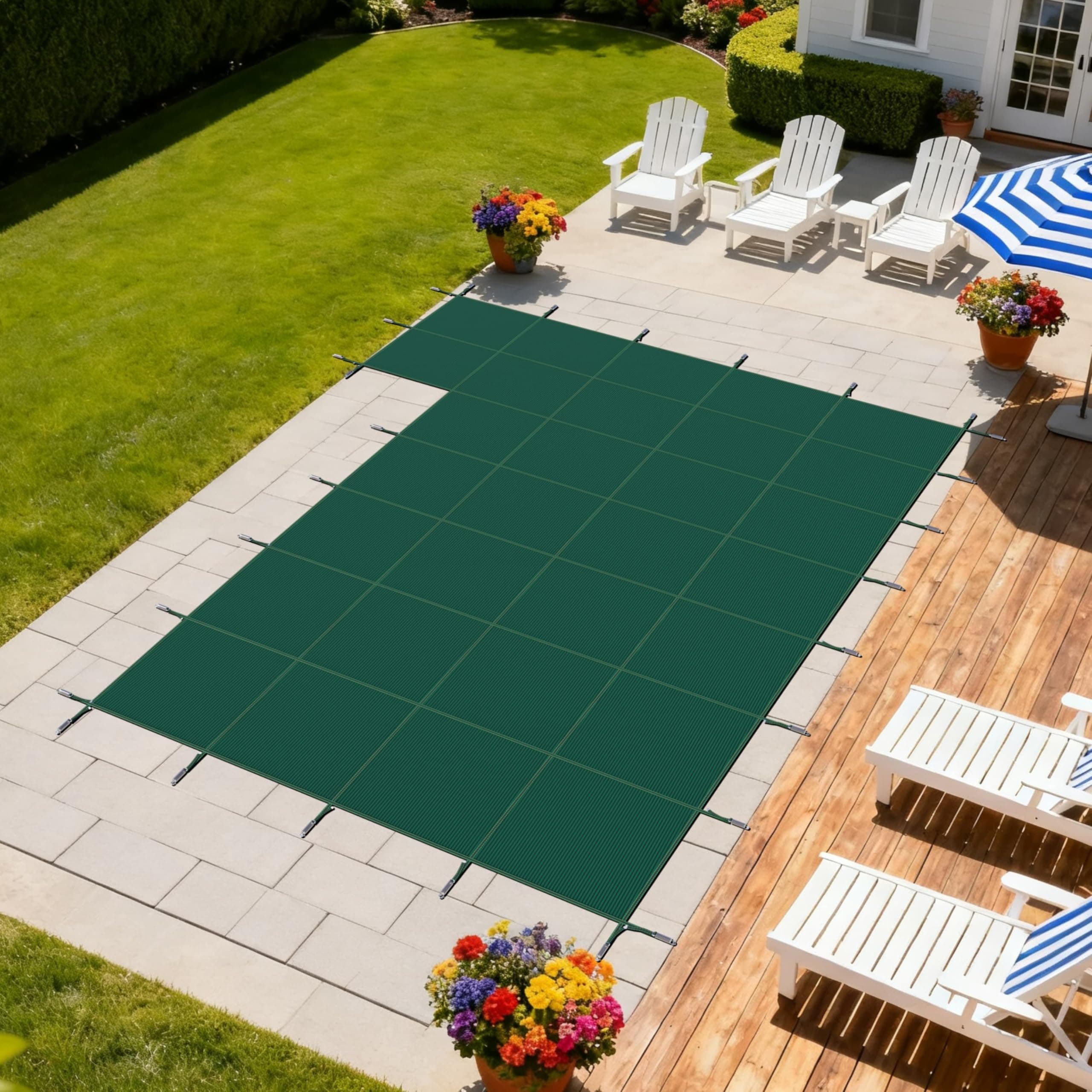 ShadeMart Inground Pool Safety Cover, 170GSM Material Winter Pool Cover, for 18x36ft Inground Pool with 5x10ft Left Step, Installation Hardware Included, Green
