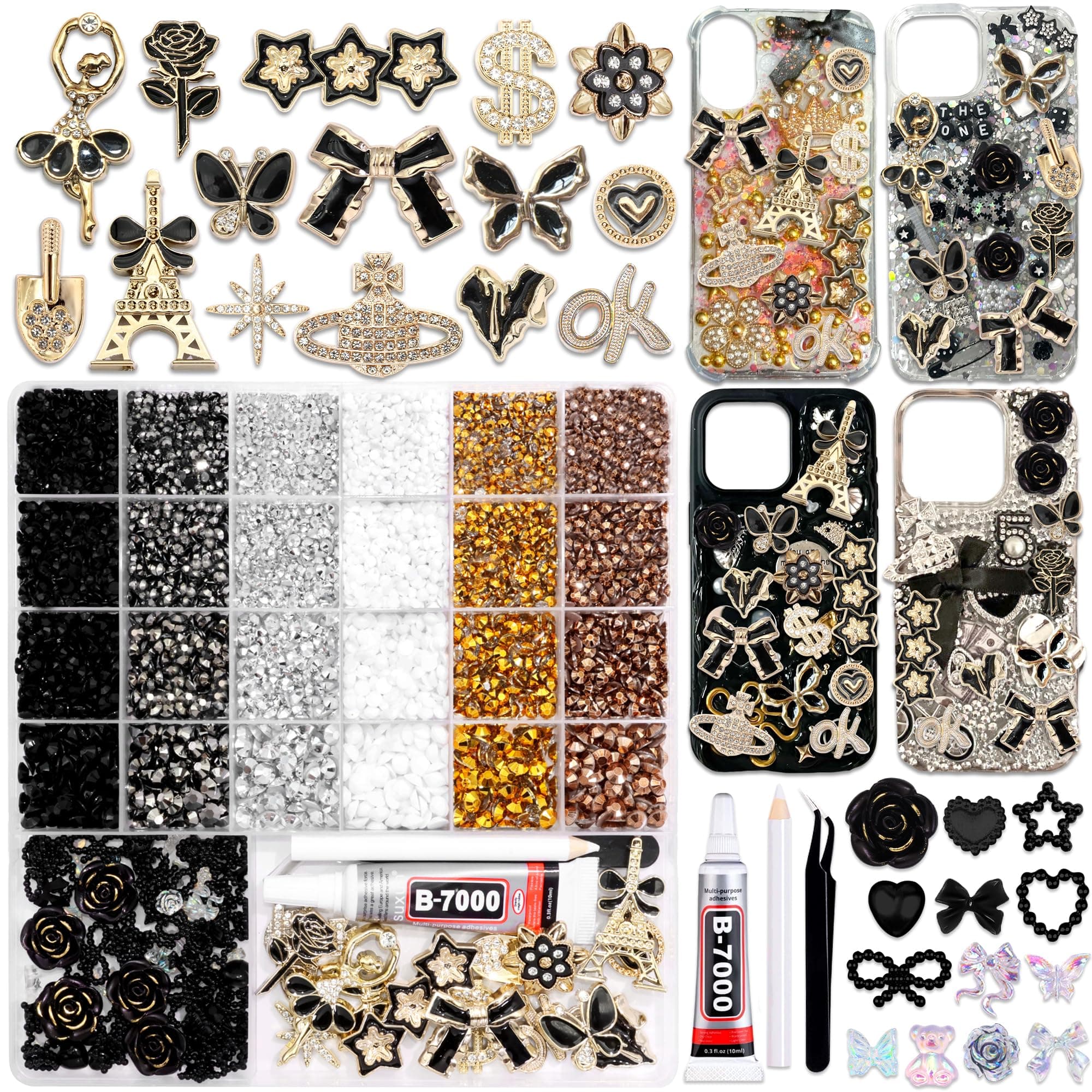 BELICEY Vintage Junk Case Charms Gold Black Rhinestone Pearl Bedazzling Kit