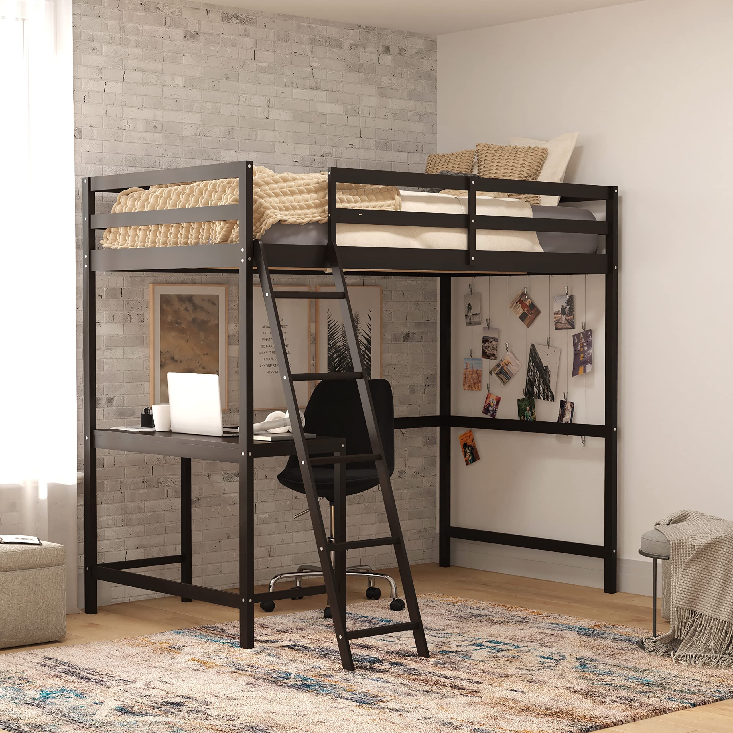 BizChair Loft Bed Frame with Desk, Twin Size Wooden Bed Frame with Protective Guard Rails & Ladder for Kids, Teens and Adults - Espresso