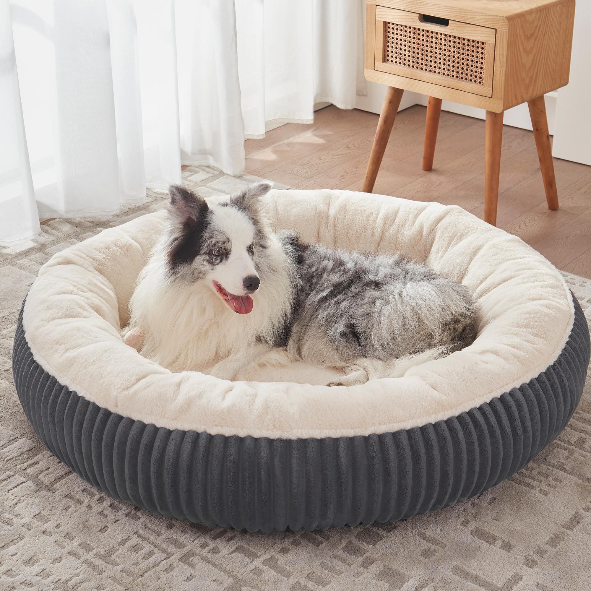 BedStill 45 inches Donut Dog Bed for Extra Large Dogs,Calming Round Pet Bed with Removable Cover, Washable Milk Plush Faux Fur, Fits Pets up to 100 lbs(Charcoal,XL)