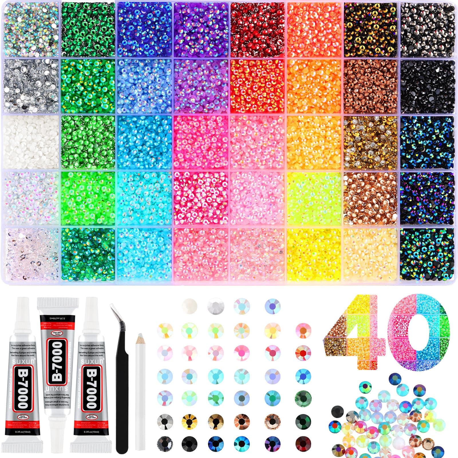 Zefy 40 Colors Resin Jelly Rhinestones for Bedazzling, 3mm 32000 Pcs Flatback Gems for Crafting, Bedazzling Kit with 3Pcs B7000 Glue for Clothing Shoes Nail Book Diamond Art