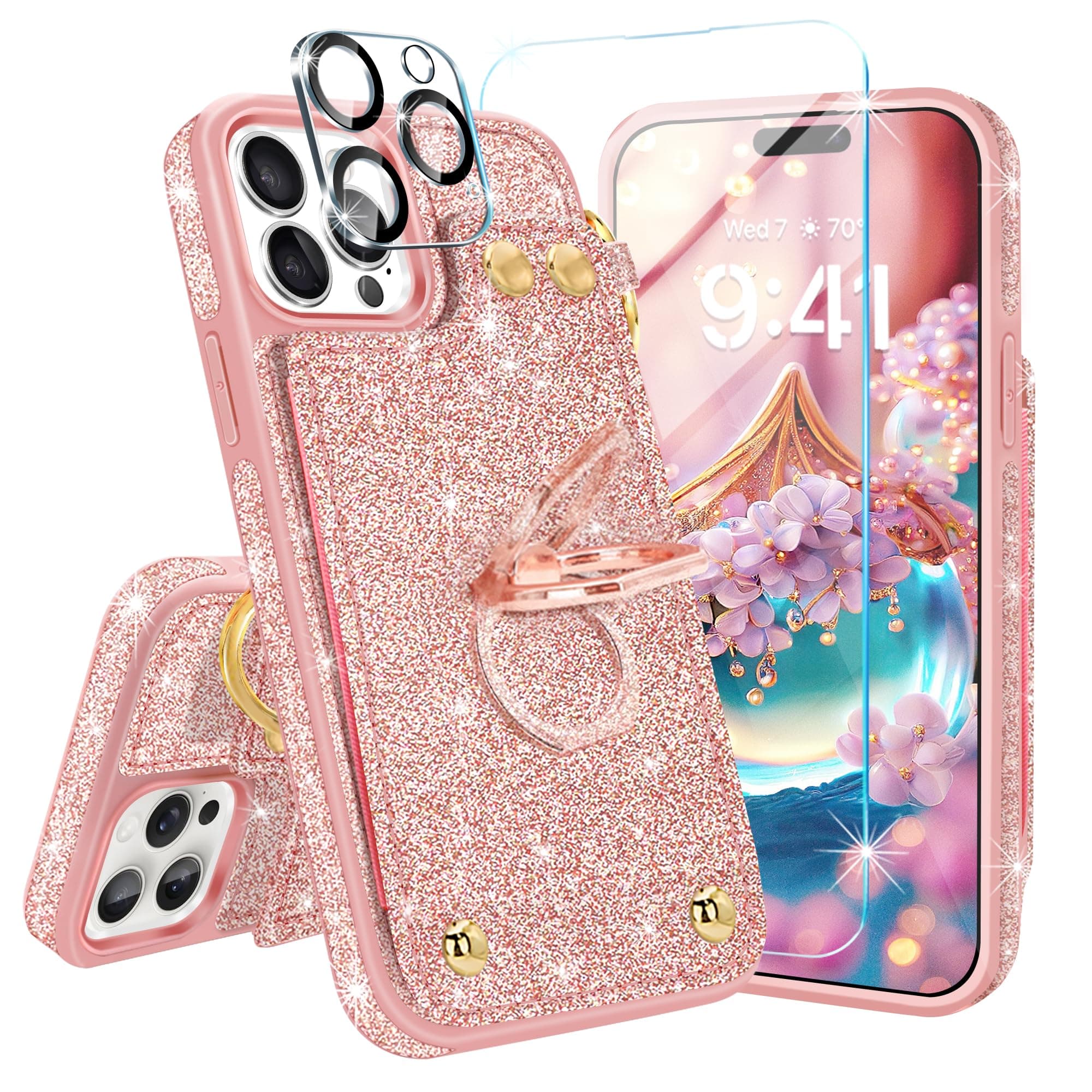 Fingic for iPhone 15 Pro Max Wallet Case[with Card Holder][1*Screen Protector+Camera Protector][360°Ring Holder]Glitter Sparkle Kickstand RFID Blocking Protective Case for iPhone 15 Pro Max,Rose Gold