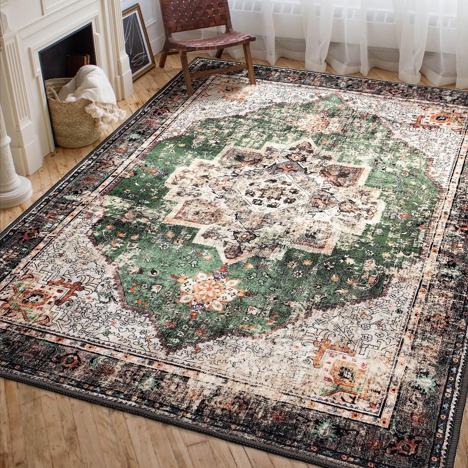 YesRug Area Rug 5x7 for Living Room Green Boho Non-Slip Washable Rug Vintage Low Pile Large Rug for Bedroom Dining Room