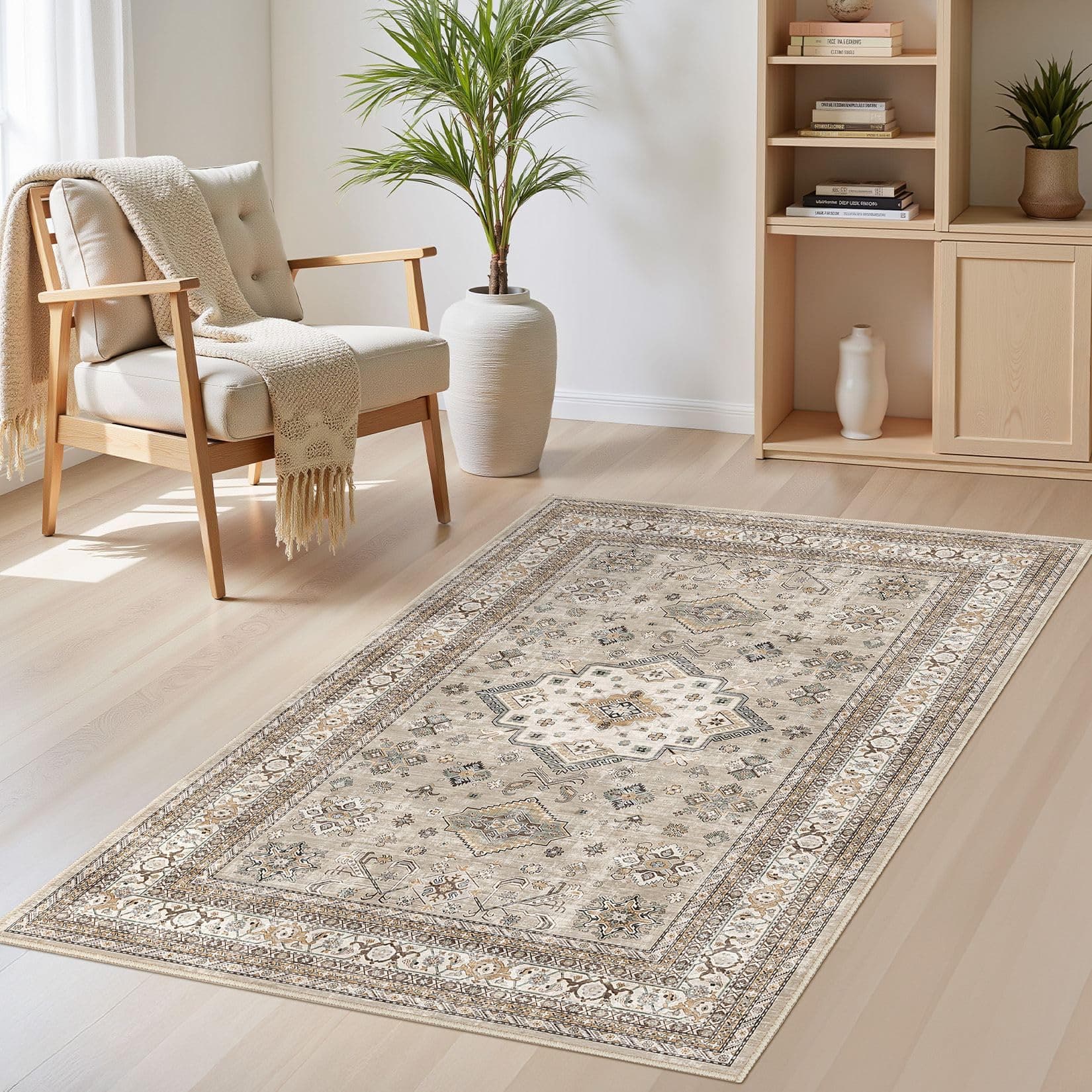 cotiled 3x5 Area Rug for Living Room, Washable, Traditional, Beige