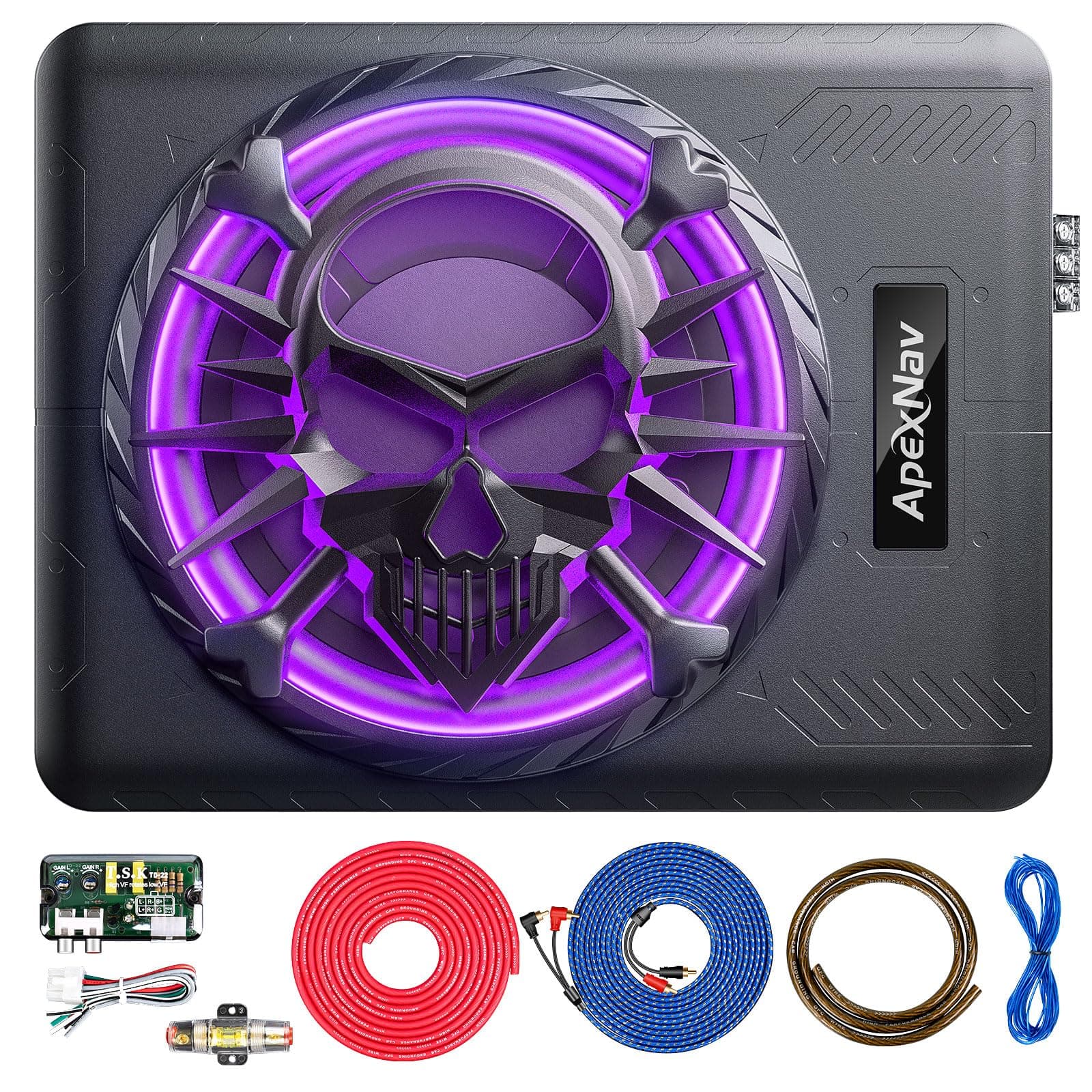 10" 1200W Slim Under Seat Powered Car Subwoofer, Car/Truck Audio subwoofer and amp Package,Pure Bass sub with LED Ambient Light (Subwoofer+Installation Wire Kit)