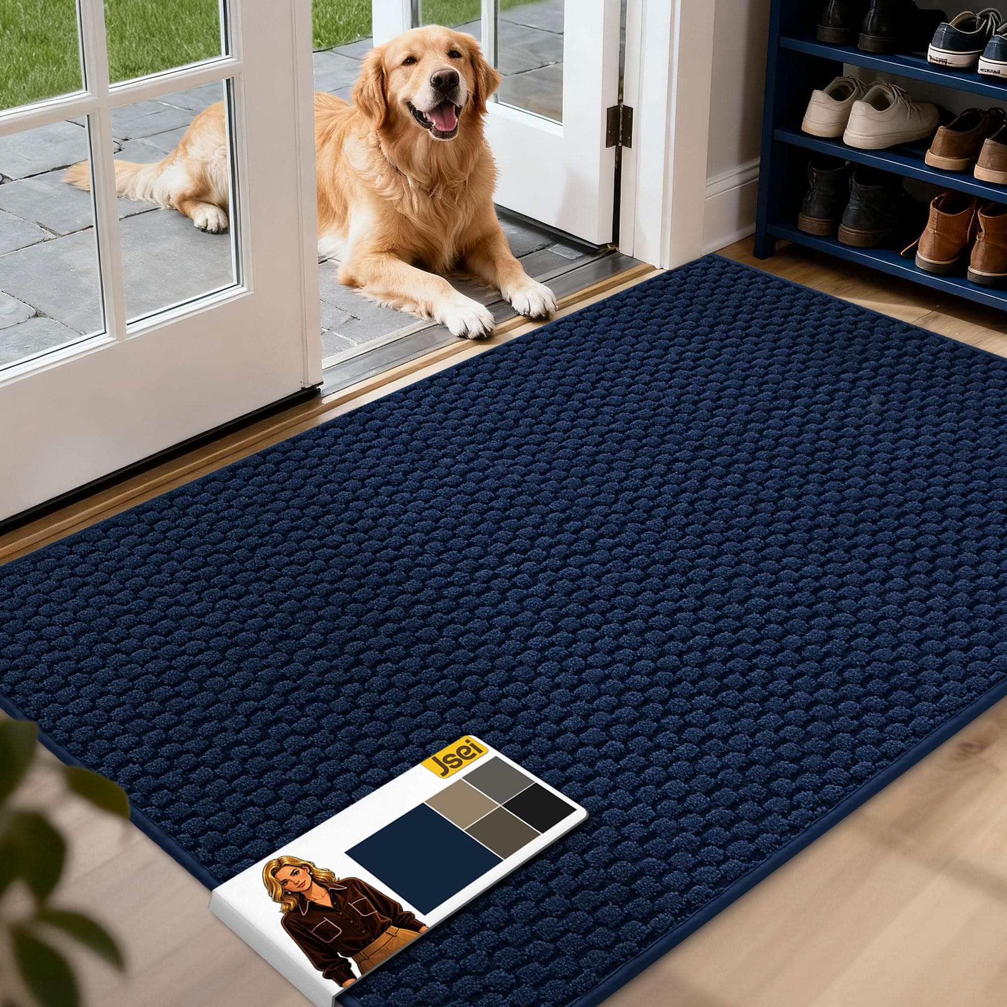 JSEI Door Mat for Entrance, TPR Non-Slip Backing, 32"x48", Blue