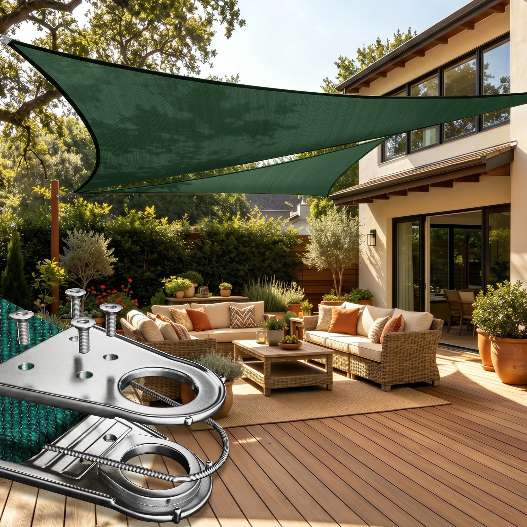 ColourTree Super Ring 16' x 16' x 16' Green Triangle Sun Shade Sail, Commercial Grade UPF50 Canopy, Reinforced Corners & Edges, 260 GSM Fabric Heavy Duty -5 Years Warranty (We Make Custom Size)