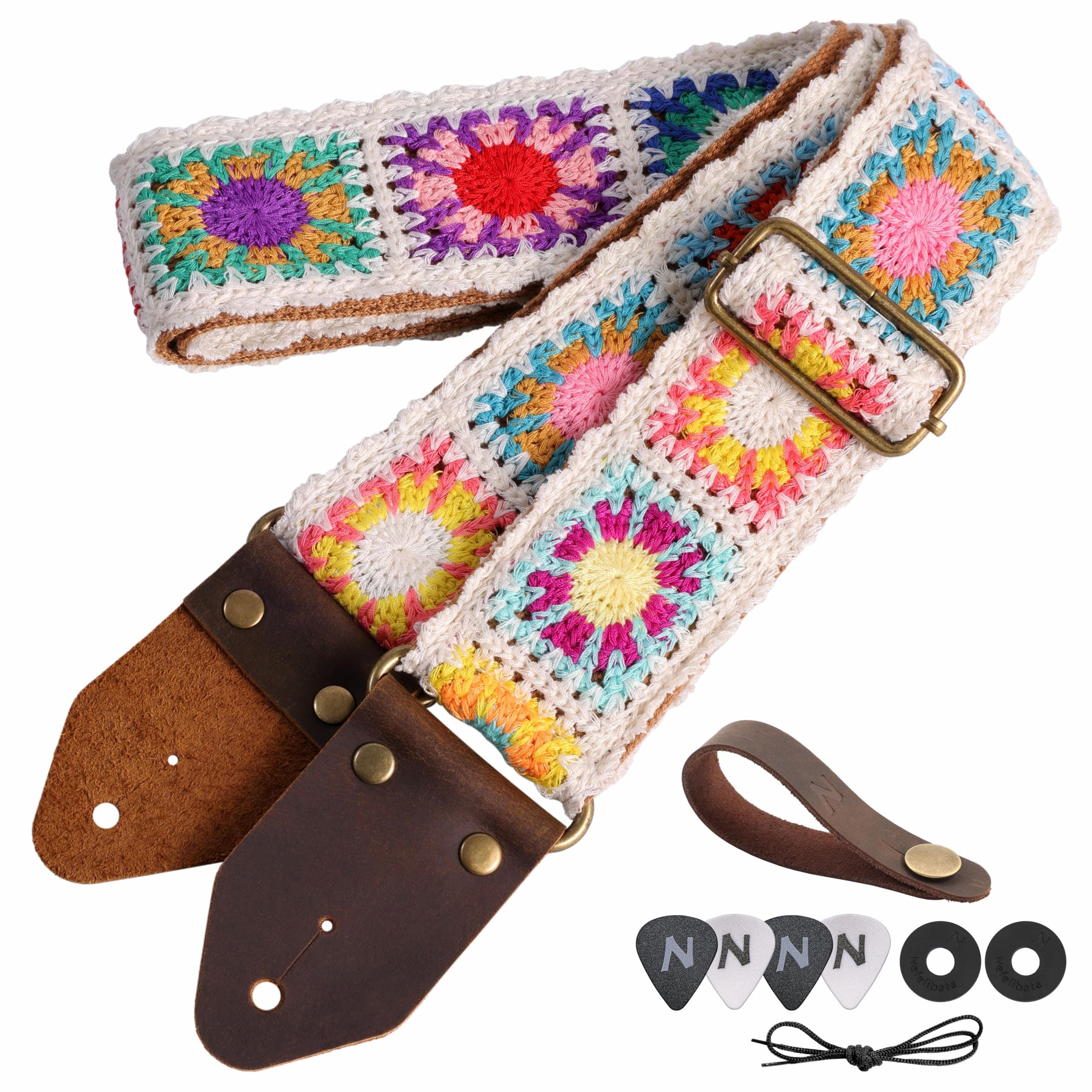 Nefelibata Guitar Strap,Crazy Horse Leather Jacquard Embroidery Cotton Guitar Straps for Bass, Electric & Acoustic, Best Gifts for Guitarists(Sunflower White Embroidery)