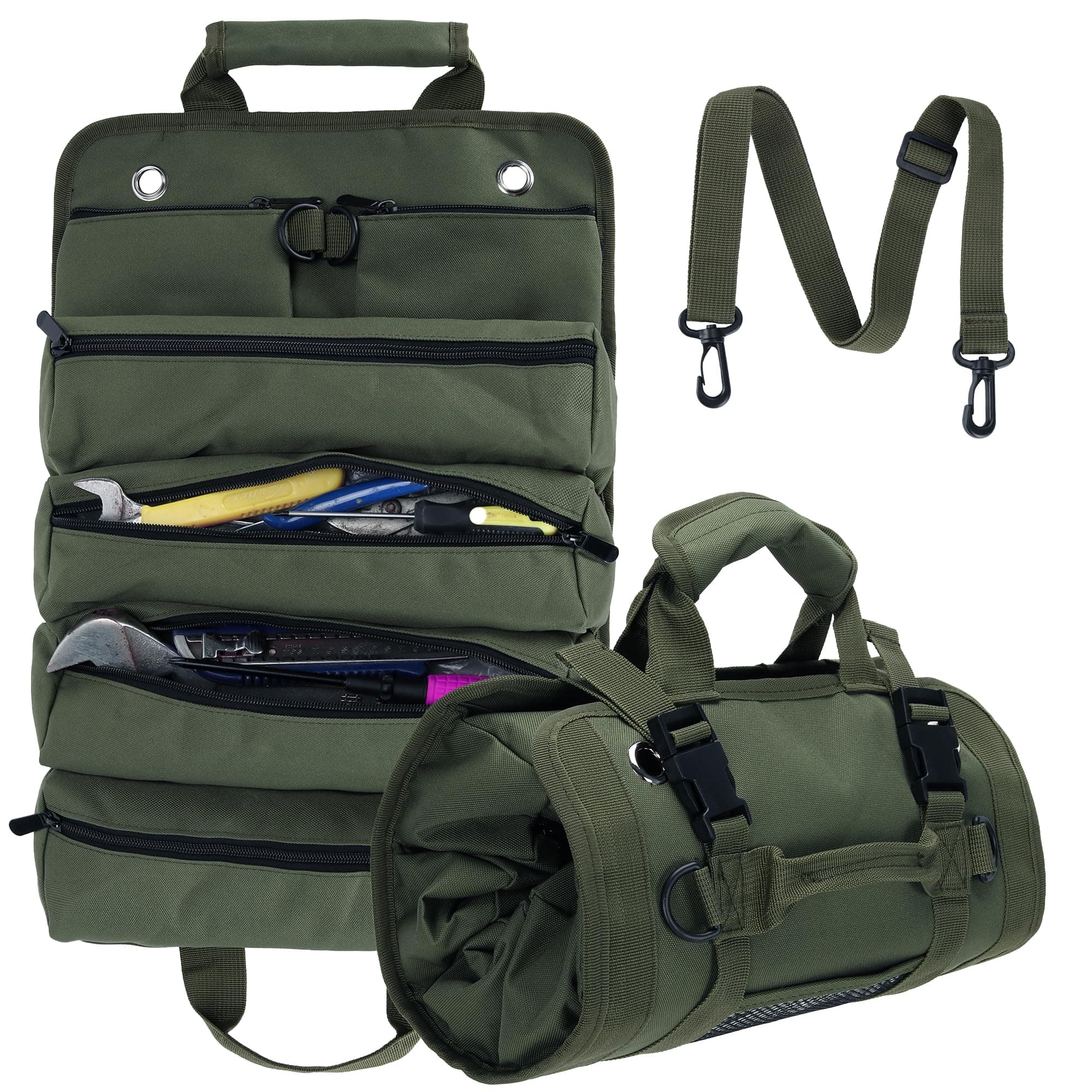 W WINTMING Roll Up Tool Bag, Portable Tool Organizer Bag, Tool Carrier, Tool Storage Bag, Travel Tool Bag with 6 Zipper Pockets (Army Green)