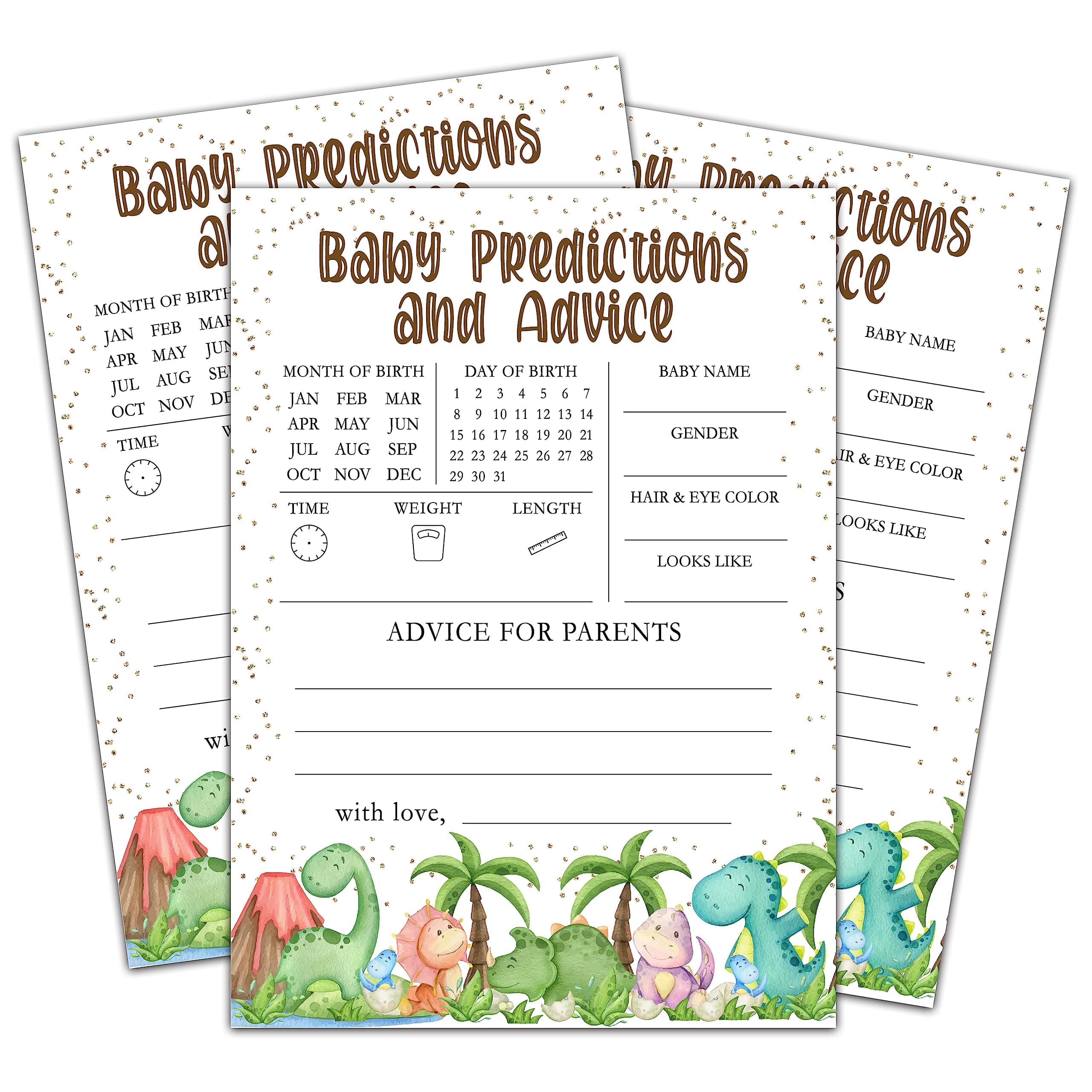 Baby Shower Games for Boys Girls - Dinosaur Predictions and Advice Cards, Tropical Dino Gender Reveal Party Decorations, 5" x 7" Double-Sided (30 Games)-C01