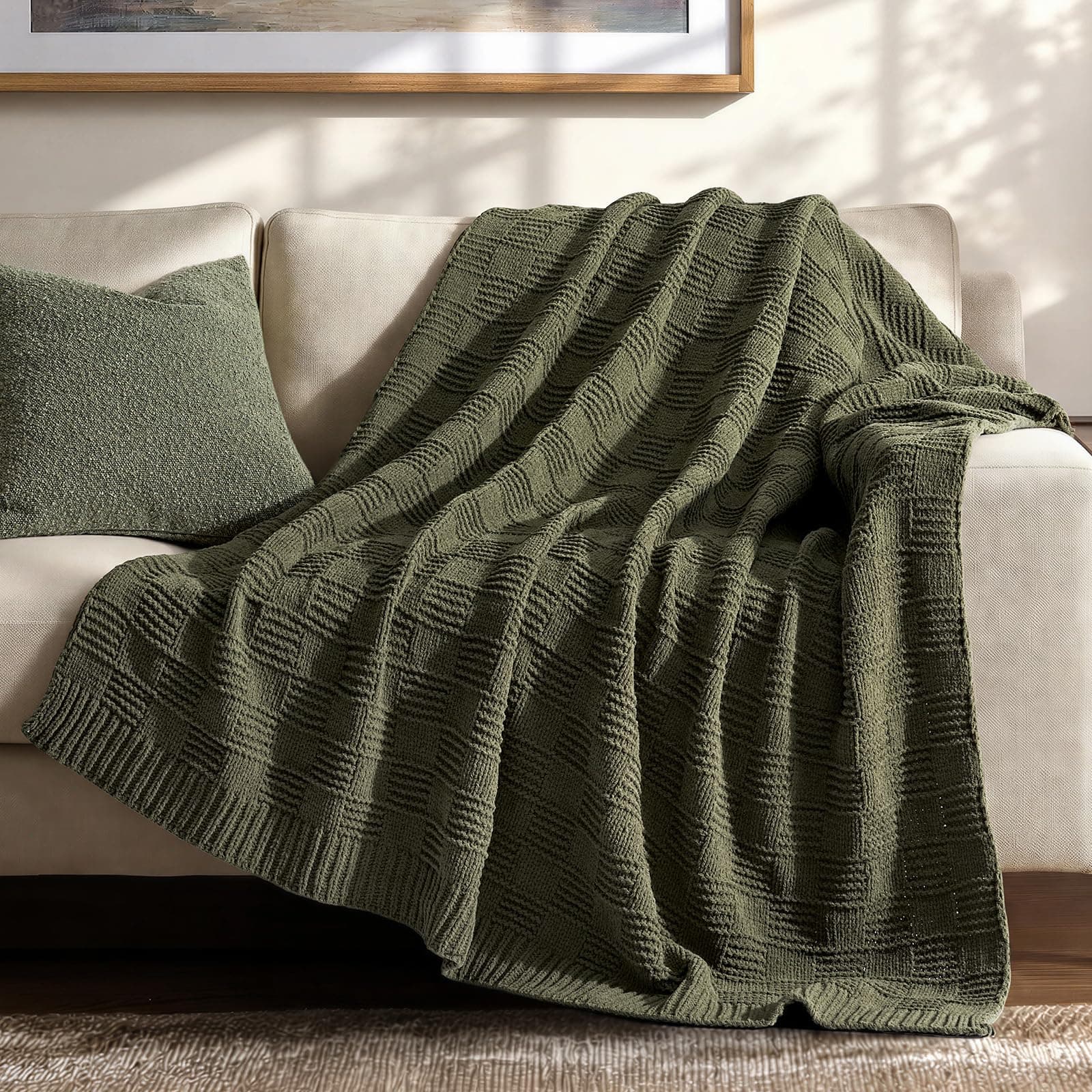 EVERGRACEHOME Modern Checkered Chenille Throw Blanket, 60x80, Olive Green