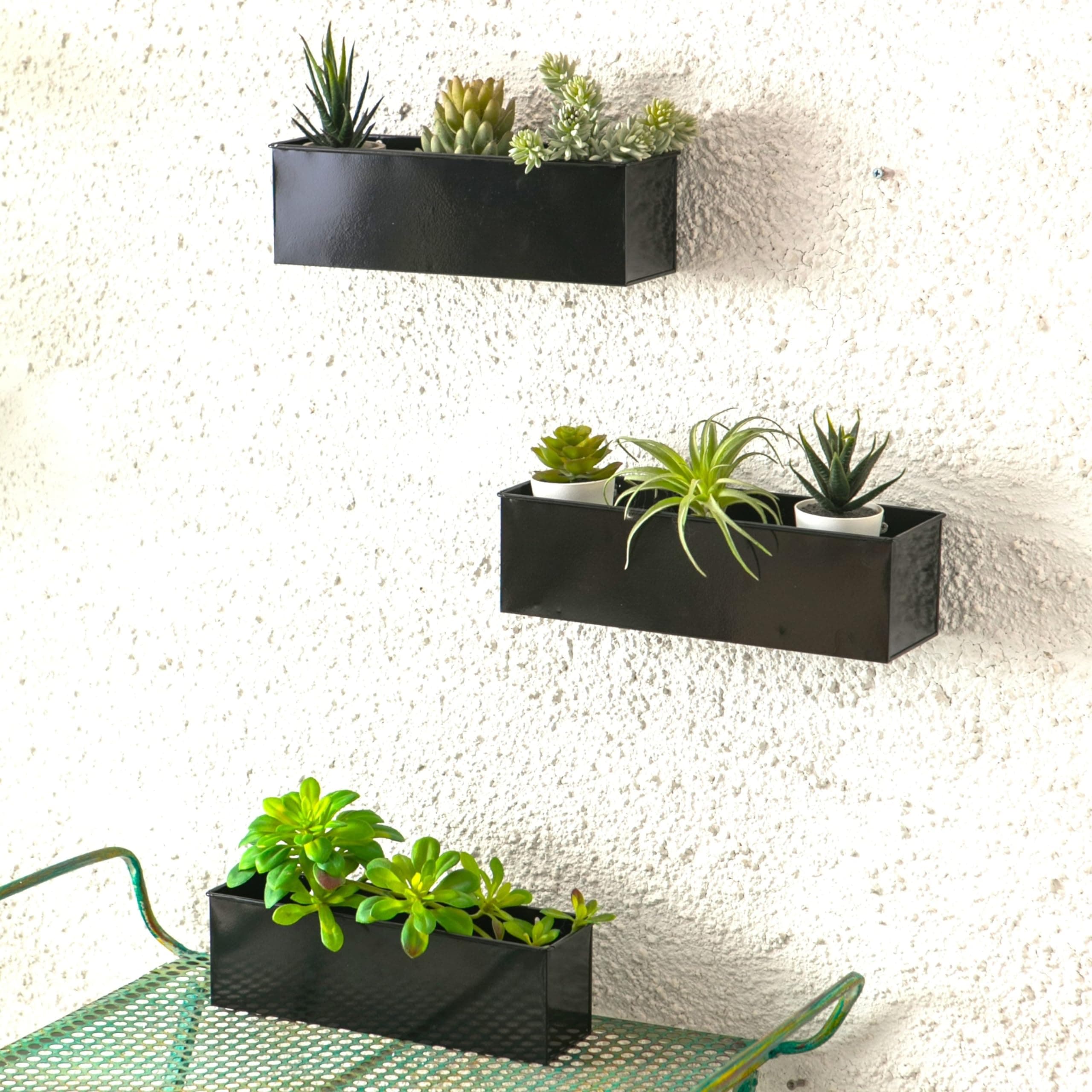 LaLaGreen Wall Planter Indoor Plants (3 Pack, 14 Inch) Large Wall Mount Planters for Succulent Black, Rectangular Metal Hanging Flower Pot, Long Window Sill Plant Box Fence Railings Floating Shelve