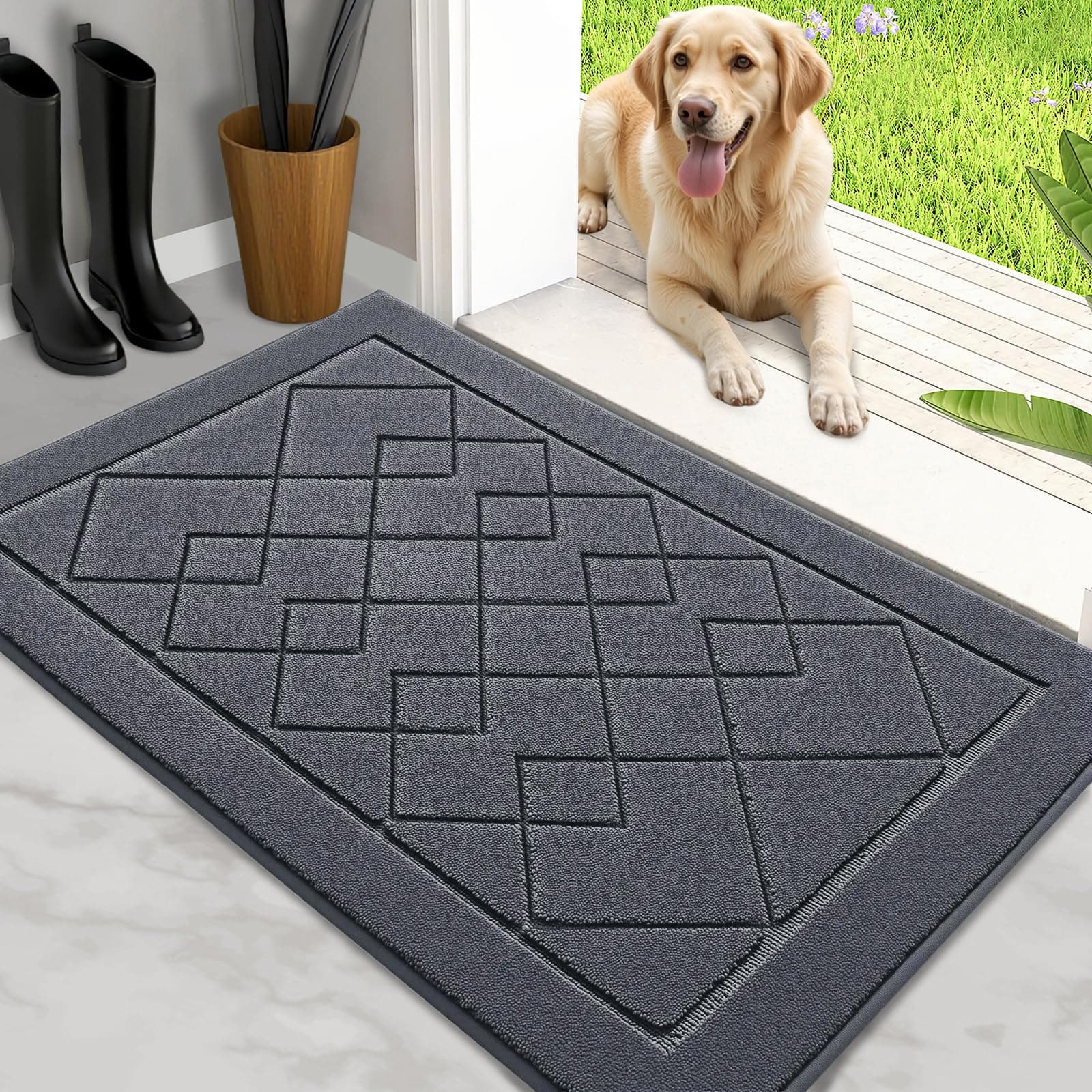 REFETONE Indoor Door Mat, Absorbent Washable Entryway Rug, 20" x 32", Grey