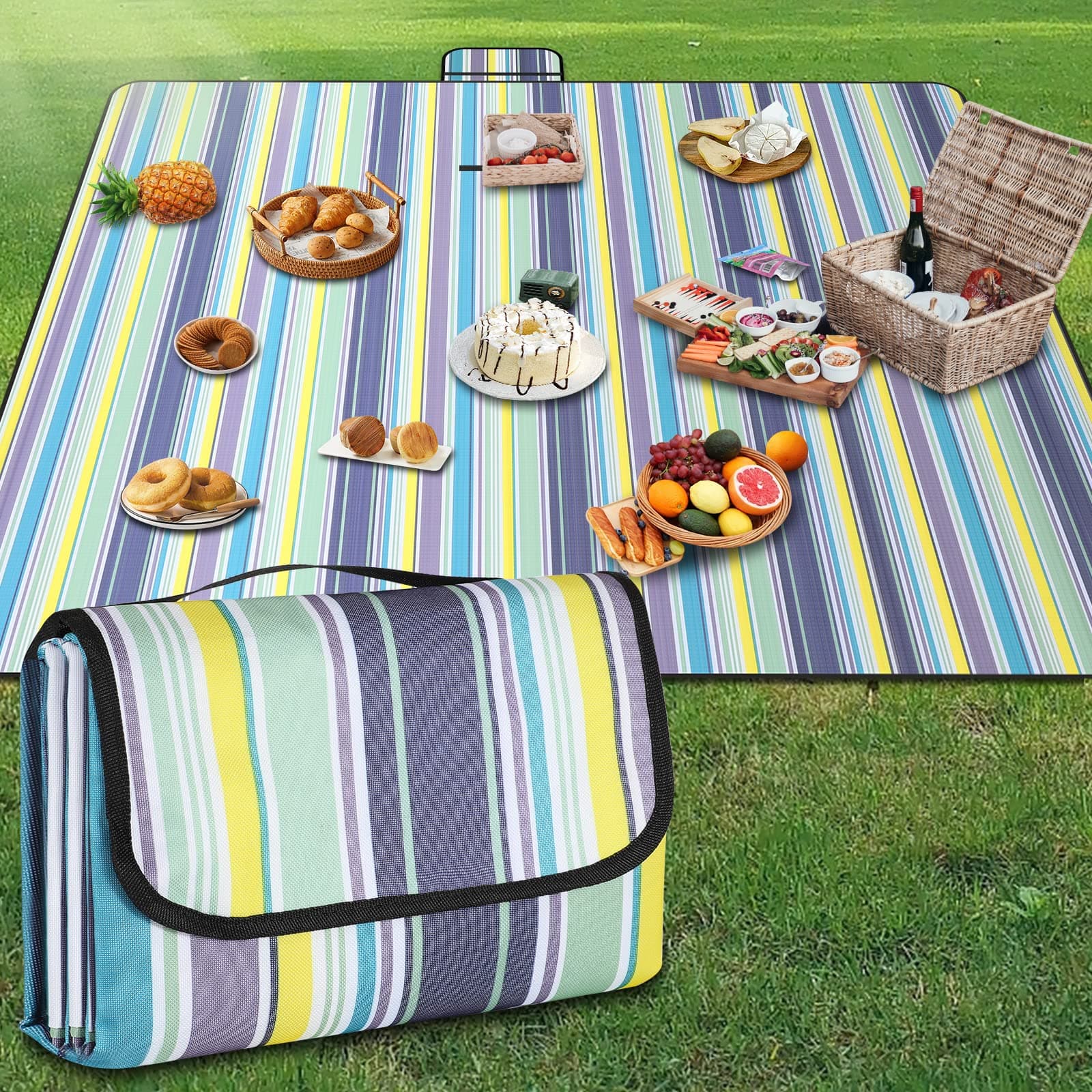 GUSUWU Picnic Blanket Waterproof Beach Rug 79"×79" Picnic Mat Washable Lightweight with Handle Blue Vertical Stripes Suitable for Hiking Travel Outdoor Camping, Park