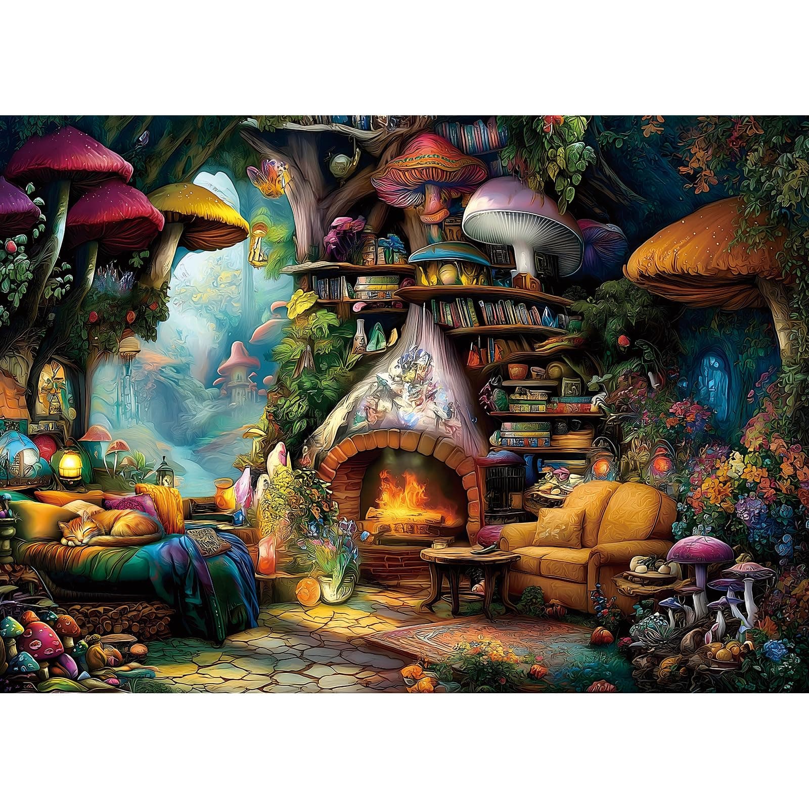 Blueforest 1000 Piece Jigsaw Puzzles for Adults & Seniors - Fantasy Forest Mushroom House with Cat Puzzle, 27.5"x19.7" Adult Puzzle with Letters on Back, Home Decor Gift