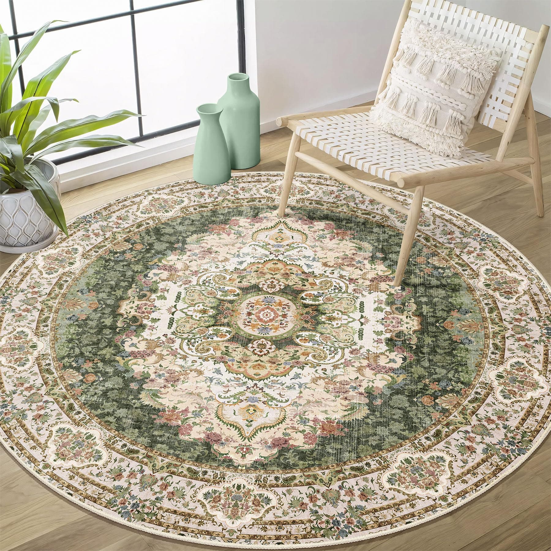 Castage Green Round Rug 4ft,Circle Washable Area Rugs for Bedroom Entryway