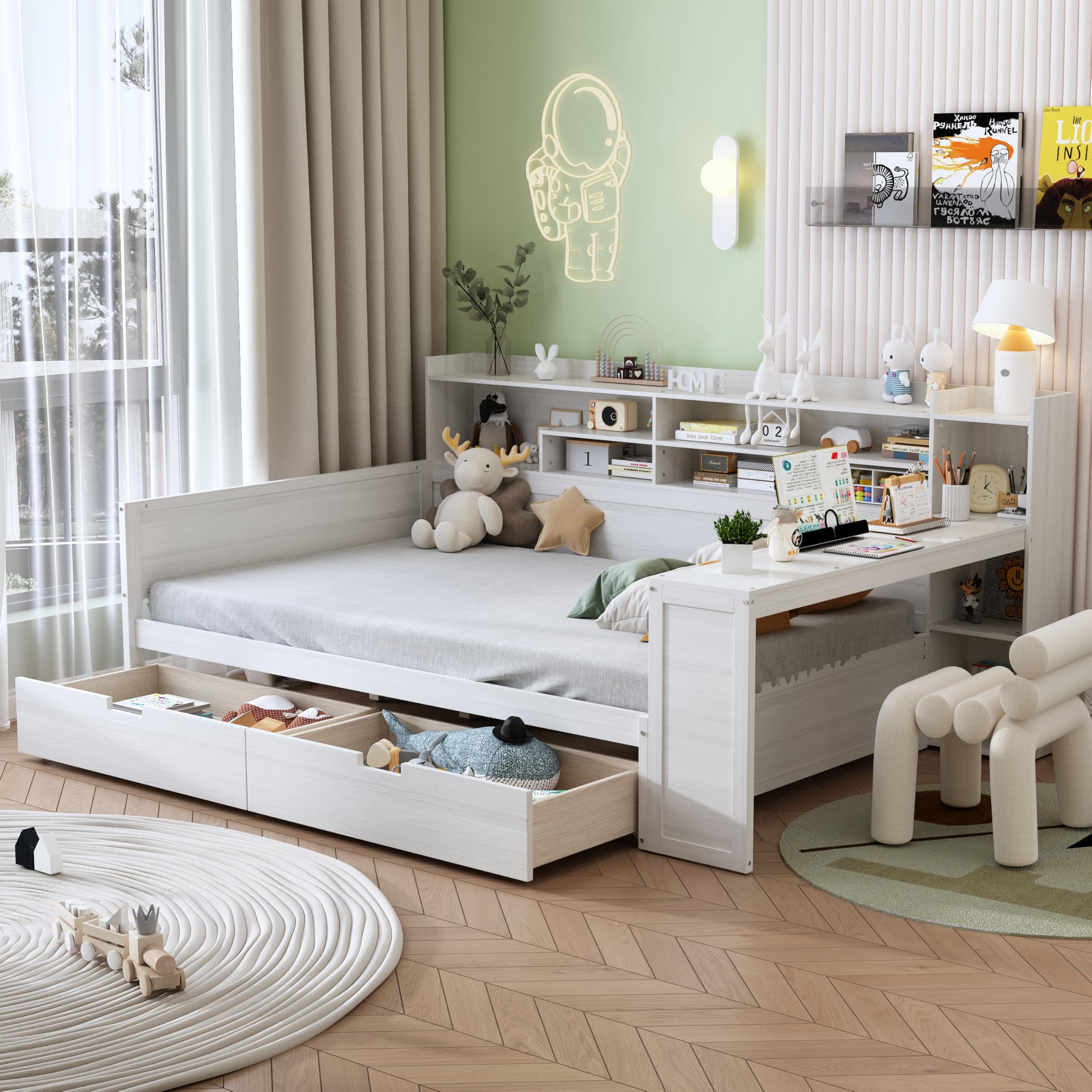 DERCASS Daybed with Storage Shelves, Multi-Functional Full Size Bed with 2 Storage Drawers and Study Desk for Bedroom, Antique White, MDF Plywood and Pine