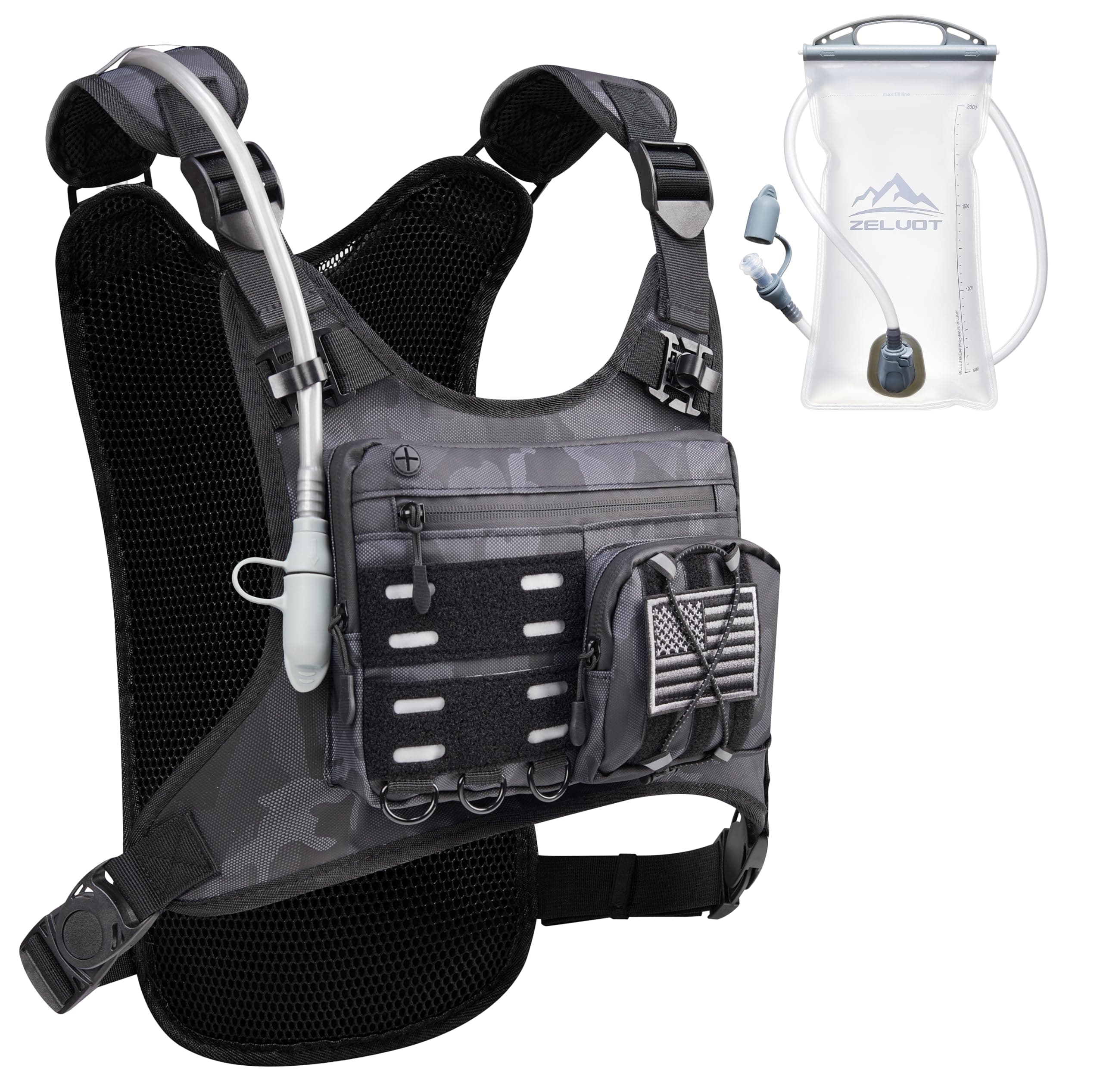 Zelvot Running Vest with 2L Water Bladder, Hydration Backpack, U.S. Design Patent, Lightweight Hydration Pack with Gear Holder, Reflective Chest Pack for Men Women for Marathon (Black Camo, M/L)
