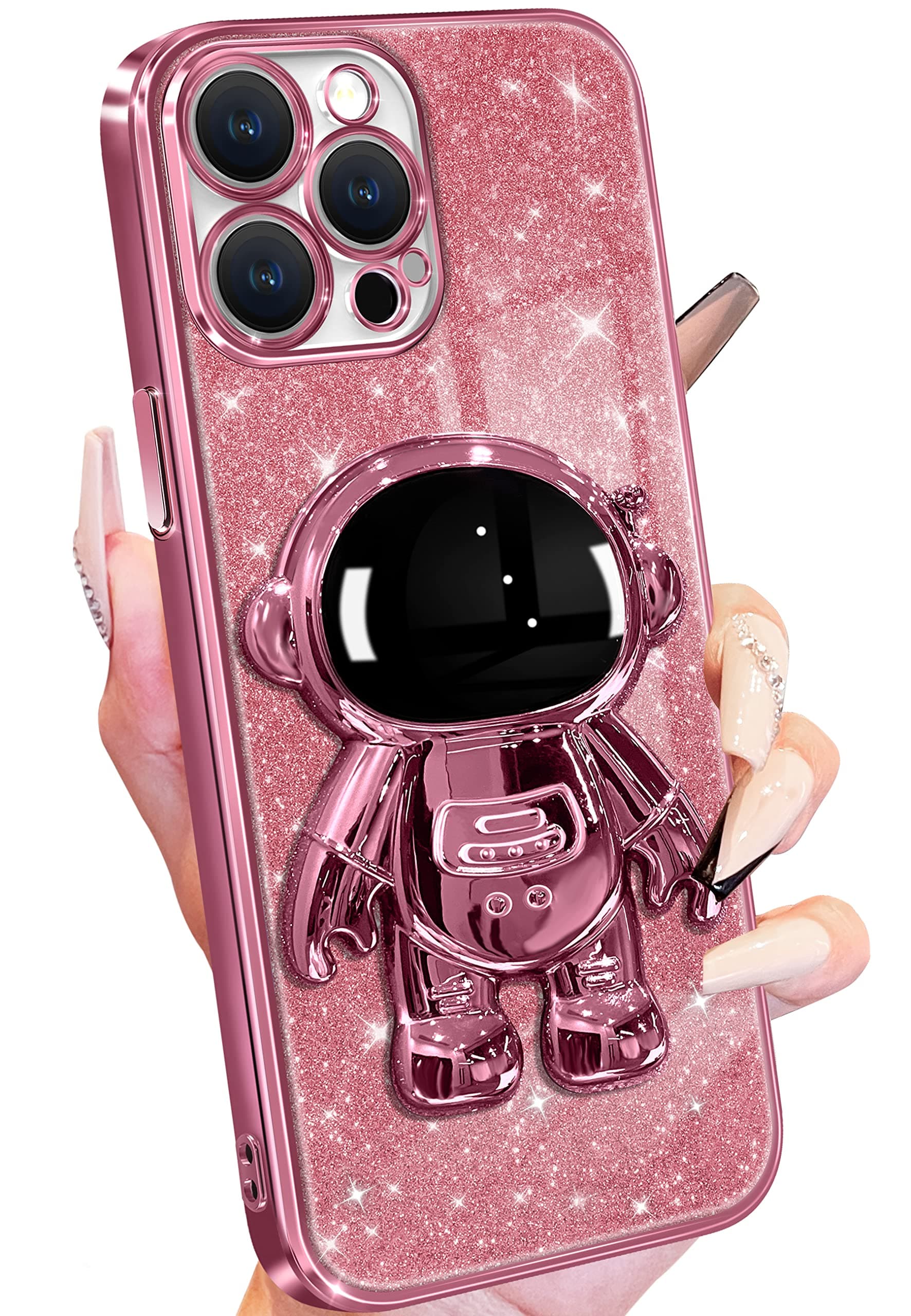 Buleens for iPhone 12 Pro Max Case Astronaut, Clear Cases for iPhone 12 Pro Max with Glitter Paper & Spaceman Stand, Women Girls Cute Electroplated Sparkly Space Phone Cover for 12 Pro Max Pink