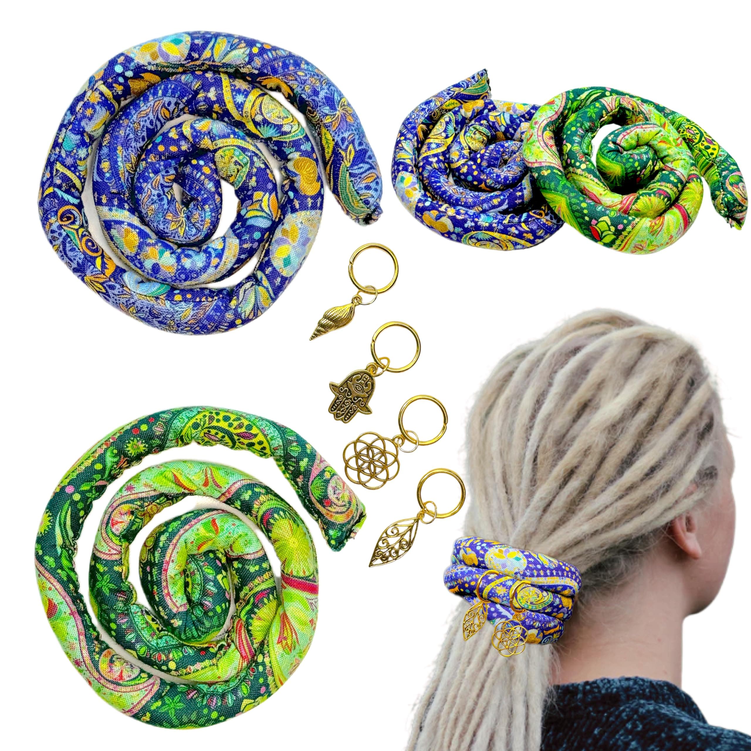 2 pcs Handmade Spiral Lock Hair Tie Bendable Loc Tie Dreadlock Accessory Hair Bands Embedded Ponytail Holders Dreadlock Hair Tie Spiral for Women and Men Thick Curly Hair (Green & Purple Bandanna)