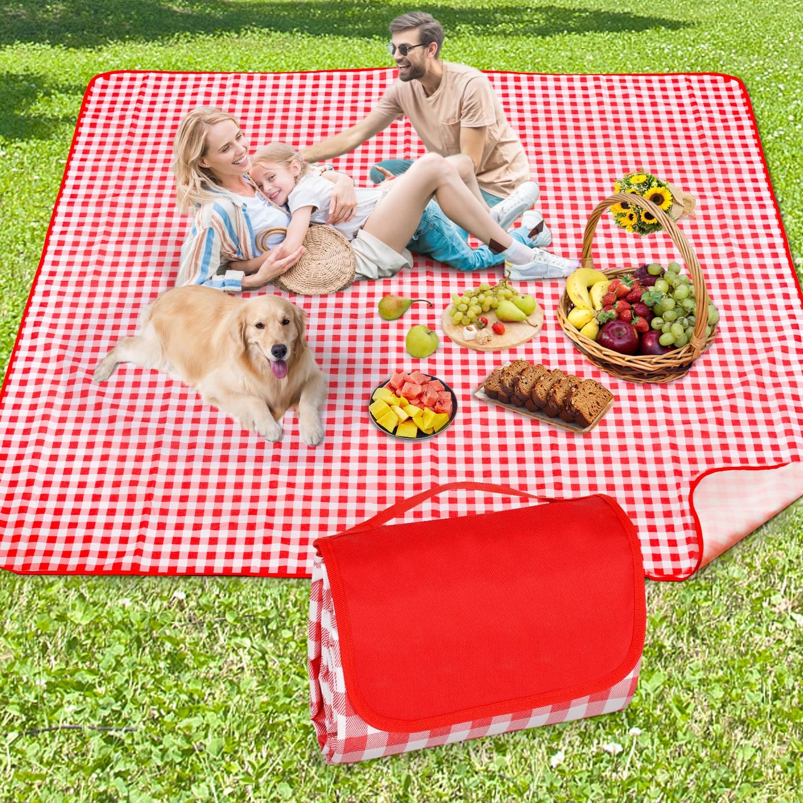 Anyiner Picnic Blanket Waterproof, 79"x79" Picnic Mat Camping Blanket, Sandproof Machine Washable with Carrying Handle for Outdoor Camping Beach Family Picnic (Red)